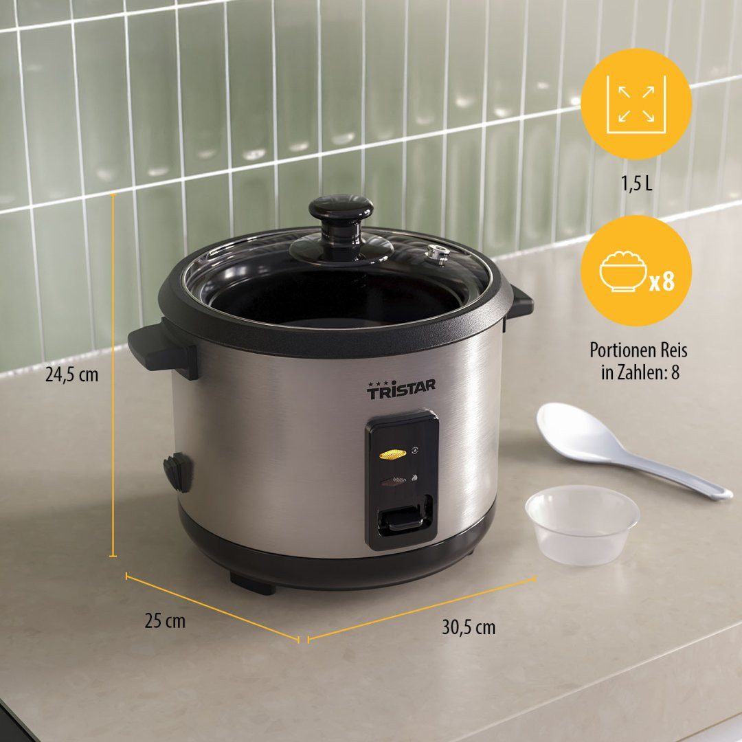 Tristar Reiskocher Tristar RK-6147 Reiskocher – 1,5 L Fassungsvermögen – Edelstahlgehäuse, 500 W, 1,5 L Inhalt - Edelstahlgehäuse