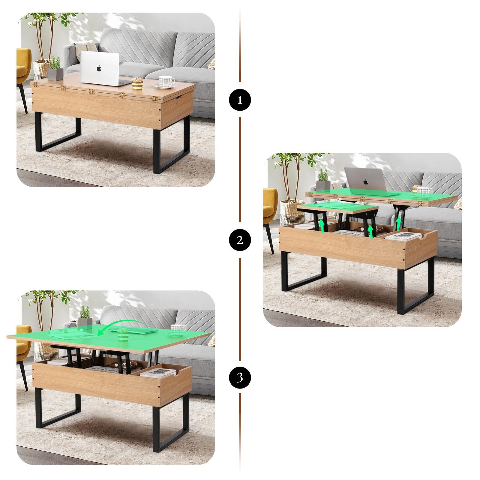 VOWNER Couchtisch Höhenverstellbarer, 3-in-1 Mehrzweck-Wohnzimmertisch, Holzfarbe