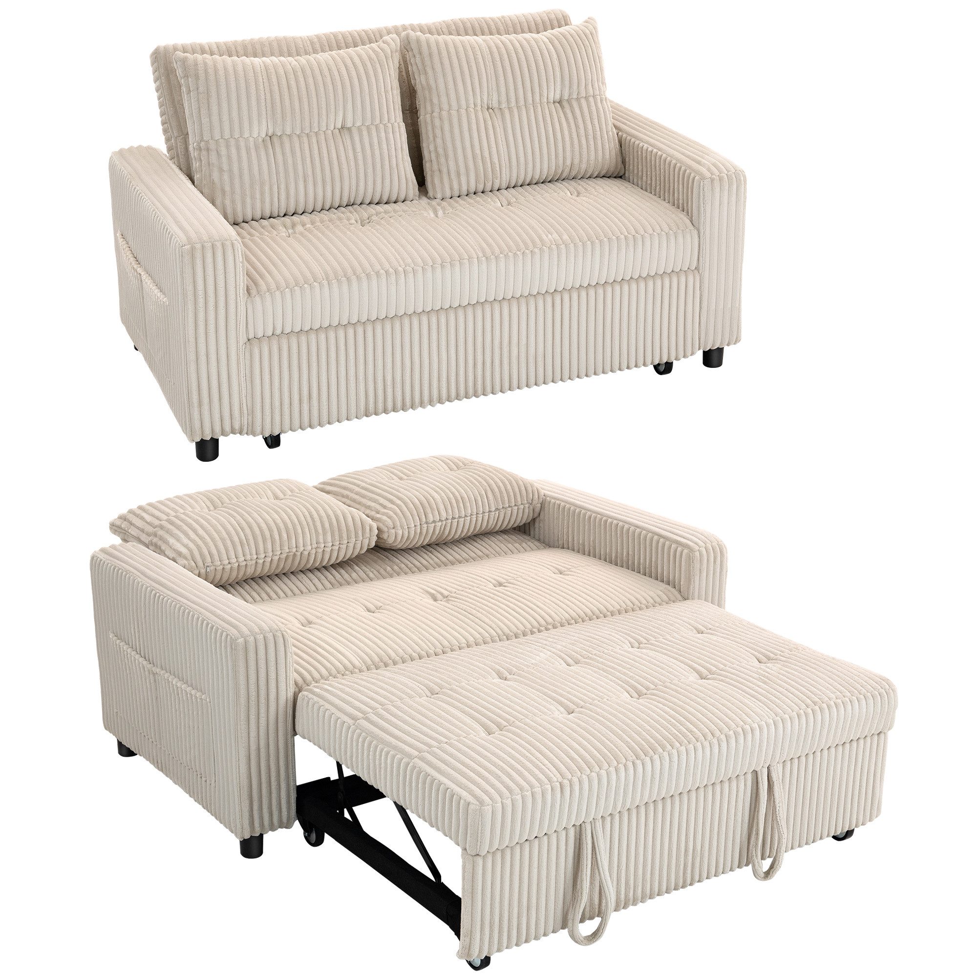 HOMCOM Schlafsofa mit 2 Kissen, Seitentaschen, Verstellbare Couch 1 Teile, 2-Sitzer-Polstersofa mit verstellbarer Rückenlehne, Cremeweiß