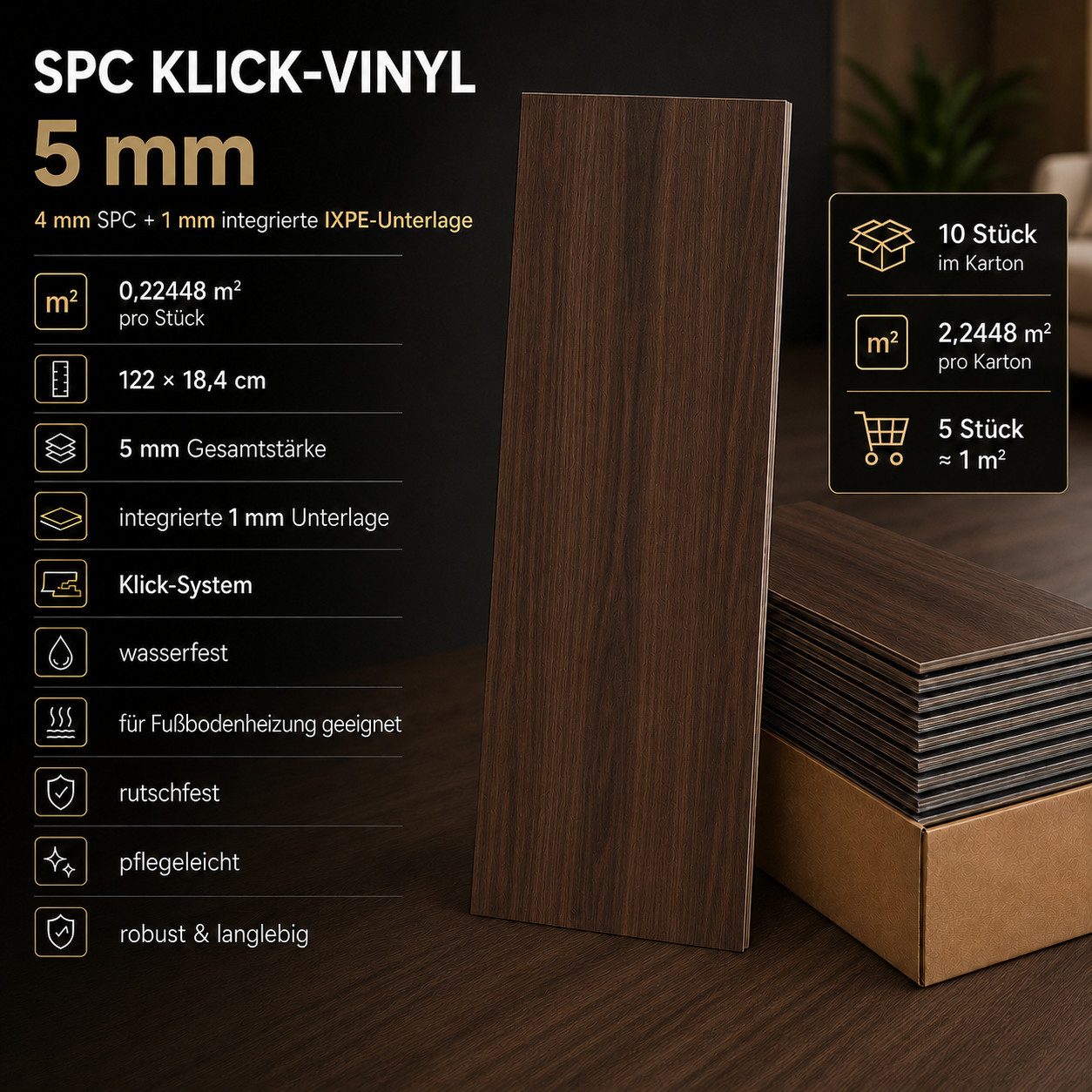 NoblesBox Designboden SPC Designboden 5 mm Klick mit Dämmung in natürlicher Holzoptik, kleberfrei, mit Trittschalldämmung, wasserfest, pflegeleicht