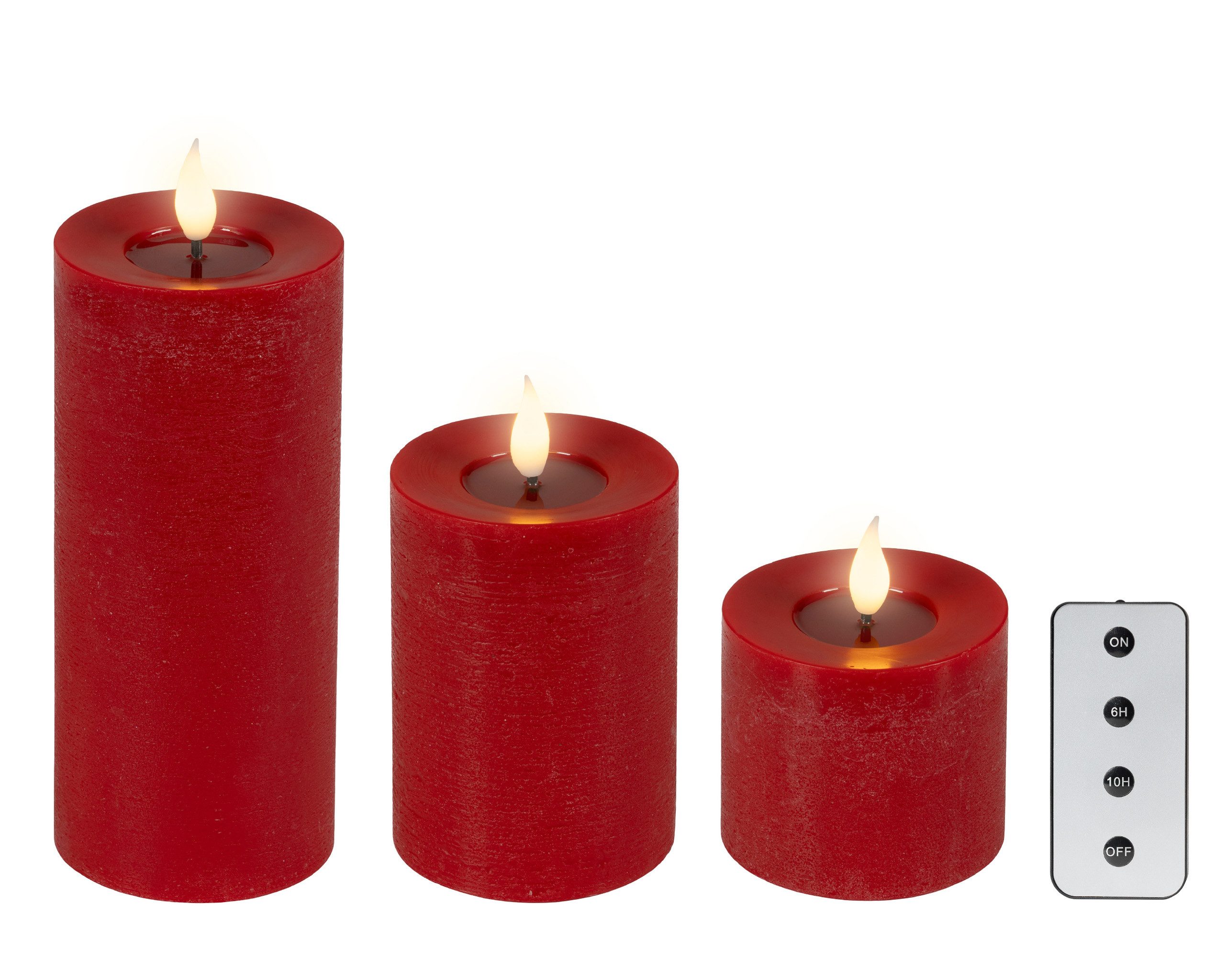 Lumineo LED-Kerze, Timer, warmweiß, LED Kerzen 11-19cm mit Timer Wachs 3 Stück Rot Warmweiß