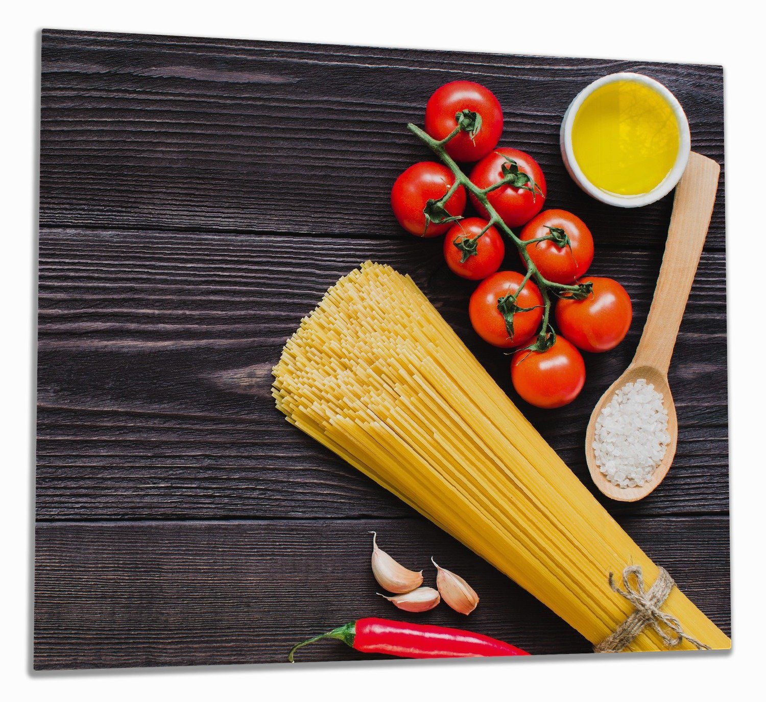 Wallario Herd-Abdeckplatte Italienisches Menü mit Spaghetti, Tomaten, Salz und Chilischoten, ESG-Sicherheitsglas, (Glasplatte, 1 tlg., inkl. 5mm Noppen), verschiedene Größen