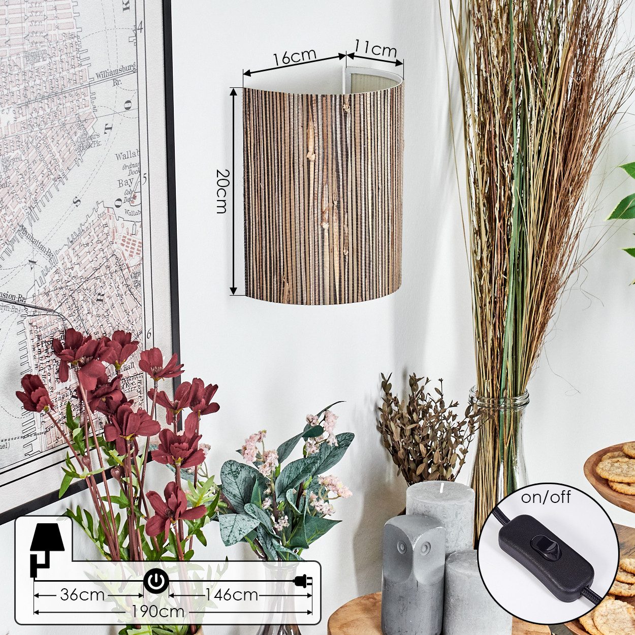 hofstein Wandleuchte Wandlampe aus Metall/Seegras in Schwarz/Weiß/Naturfarben/Grau, Leuchte im Boho-Design mit Lichteffekt und Schalter am Kabel, E27