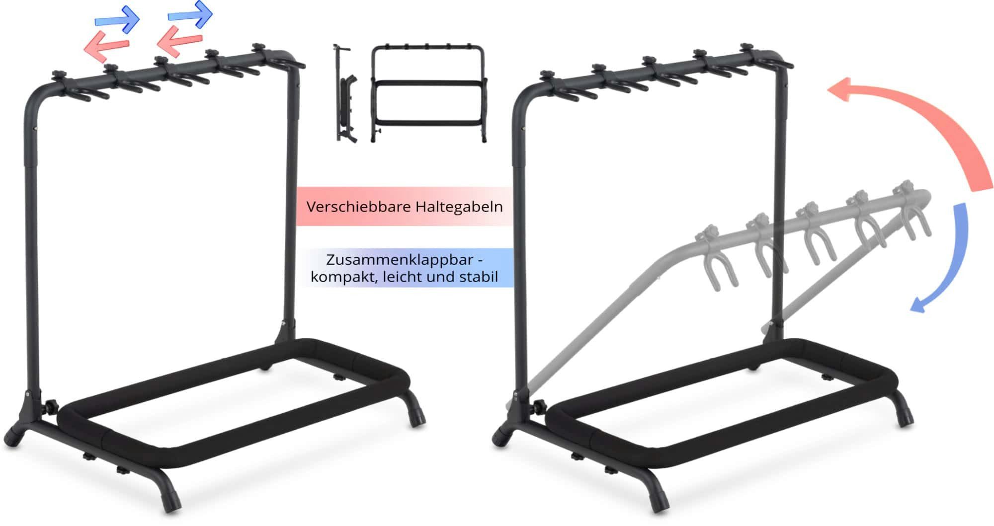 Classic Cantabile Gitarrenständer 5-fach Multi-Ständer für akustische/elektrische Gitarren und Bässe, zusammenklappbar für einfache Lagerung & Transport