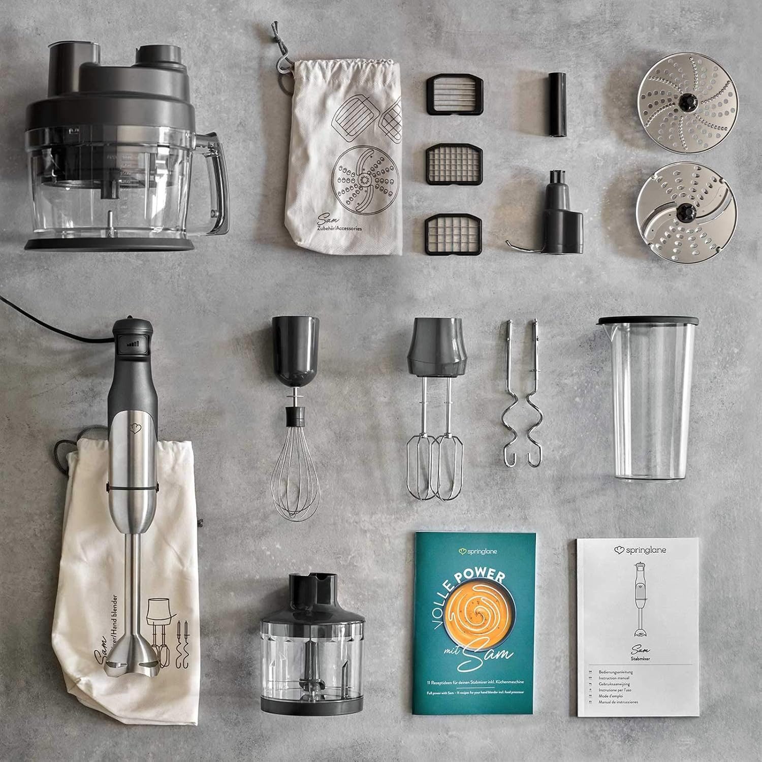 Springlane Stabmixer Set Sam aus Edelstahl inkl. inkl. Pürierstab, Behälter mit Deckel, 800,00 W, Zerkleinerer, Schneebesen, Rühr- & Knethaken & Küchenmaschine