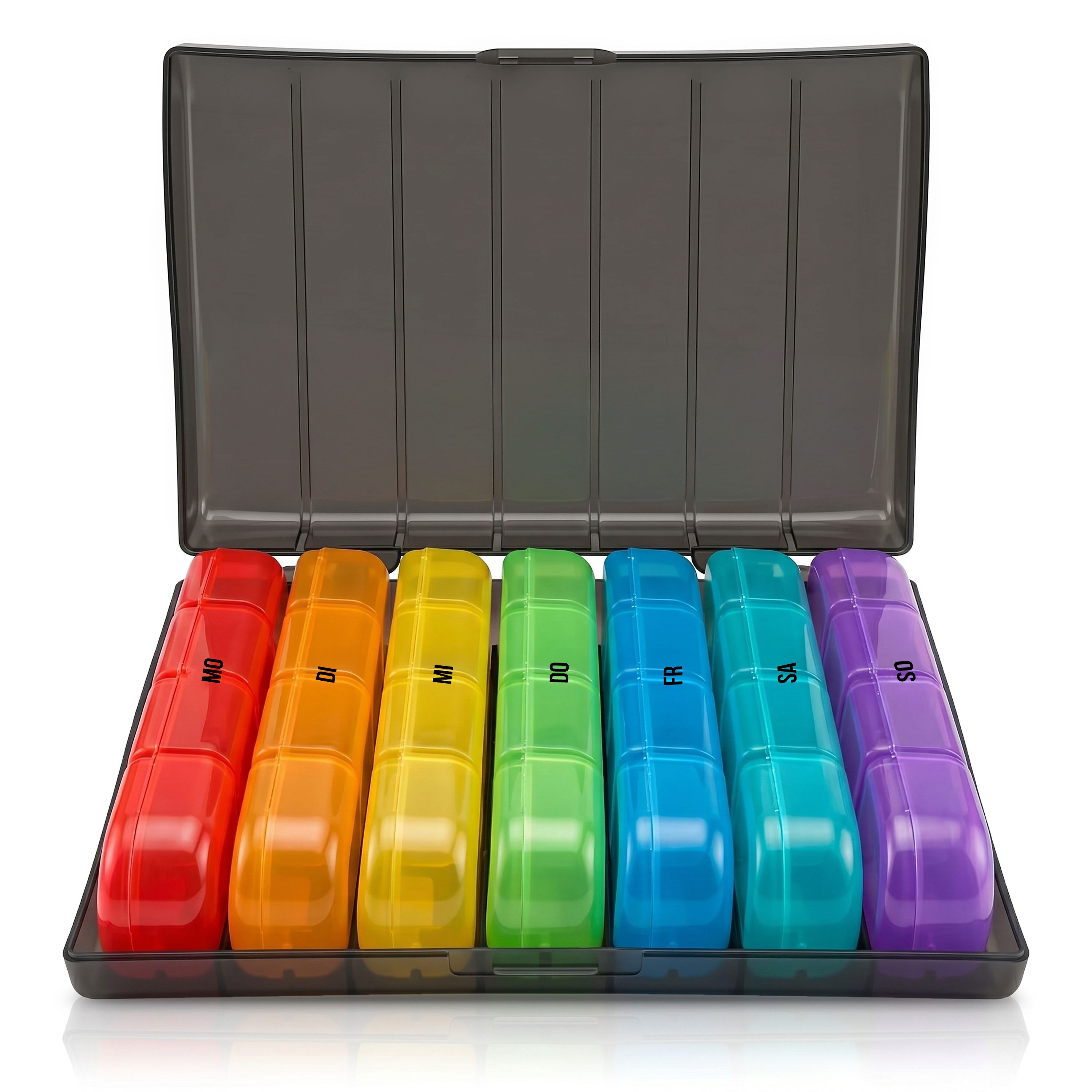 MyBeo Pillendose Tablettenbox 7 Tage, 4 Fächer täglich, Farbcodierung, kratzfest (8 St), 7 Einzelboxen, Schnappdeckel, lebensmittelecht, mit Symbolen