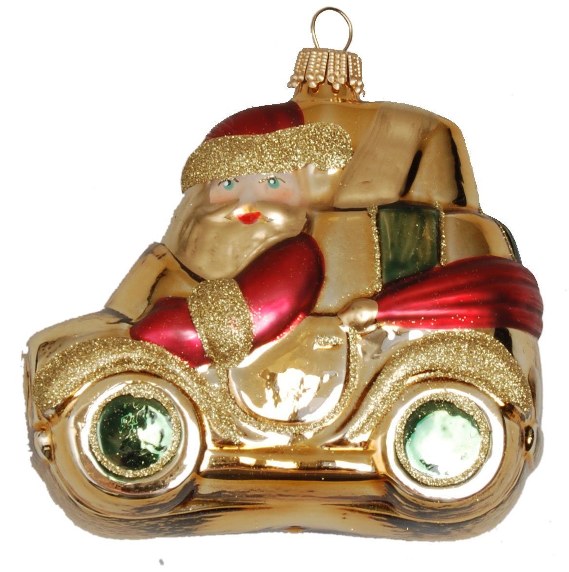 Krebs Glas Lauscha Christbaumschmuck Rot / Gold 9cm Weihnachtsmann in seinem Auto, Glassornament, mundgebla (1-tlg) | Dekohänger
