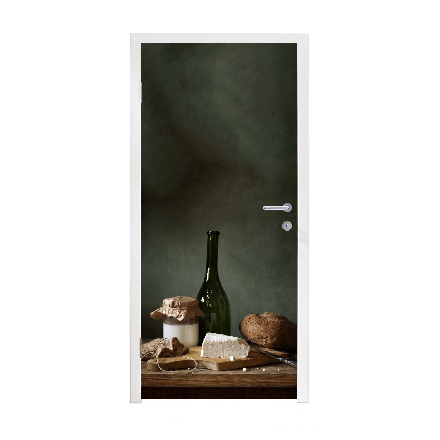 Zollabfertigung MuchoWow Türtapete Rustikal - bedruckt, für Brie - Türaufkleber, St), 75x205 cm (1 Flasche - Tür, - Matt, Fototapete Brot, Stillleben
