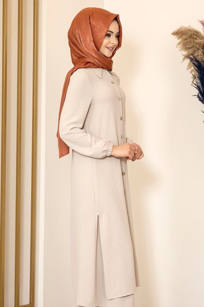 Hijab Longtunika Zweiteiler Knöpfe, Hose Stoff Creme-Weiß Damen mit Lange Tunika Kleidung Aerobin Modavitrini Anzug