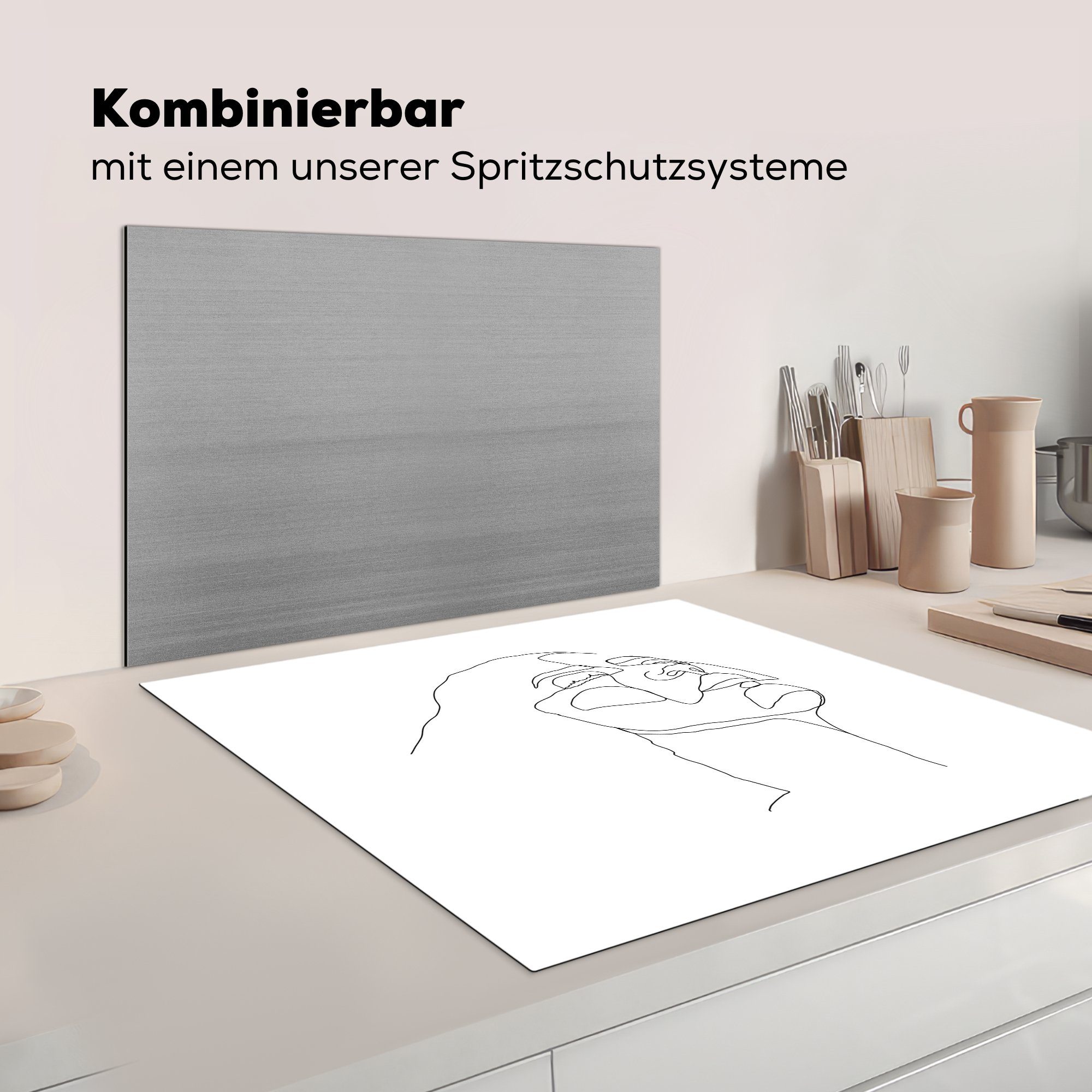 MuchoWow Herdblende-/Abdeckplatte Frau küche Vinyl, (1 Porträt cm, für tlg), - Arbeitsplatte 78x78 Minimalismus, - Ceranfeldabdeckung