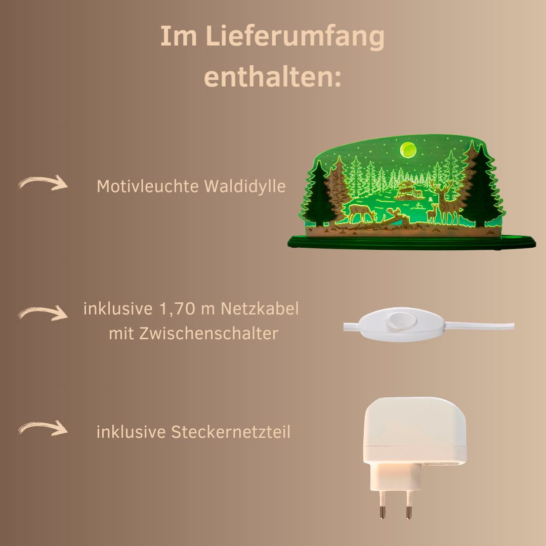 Weigla Lichterbogen LED Waldidylle, Dekoleuchte aus Holz & Acrylglas, GRÜN-NATUR, (1-tlg), Erzgebirge garantiert, Deko für Weihnachten und das ganze Jahr