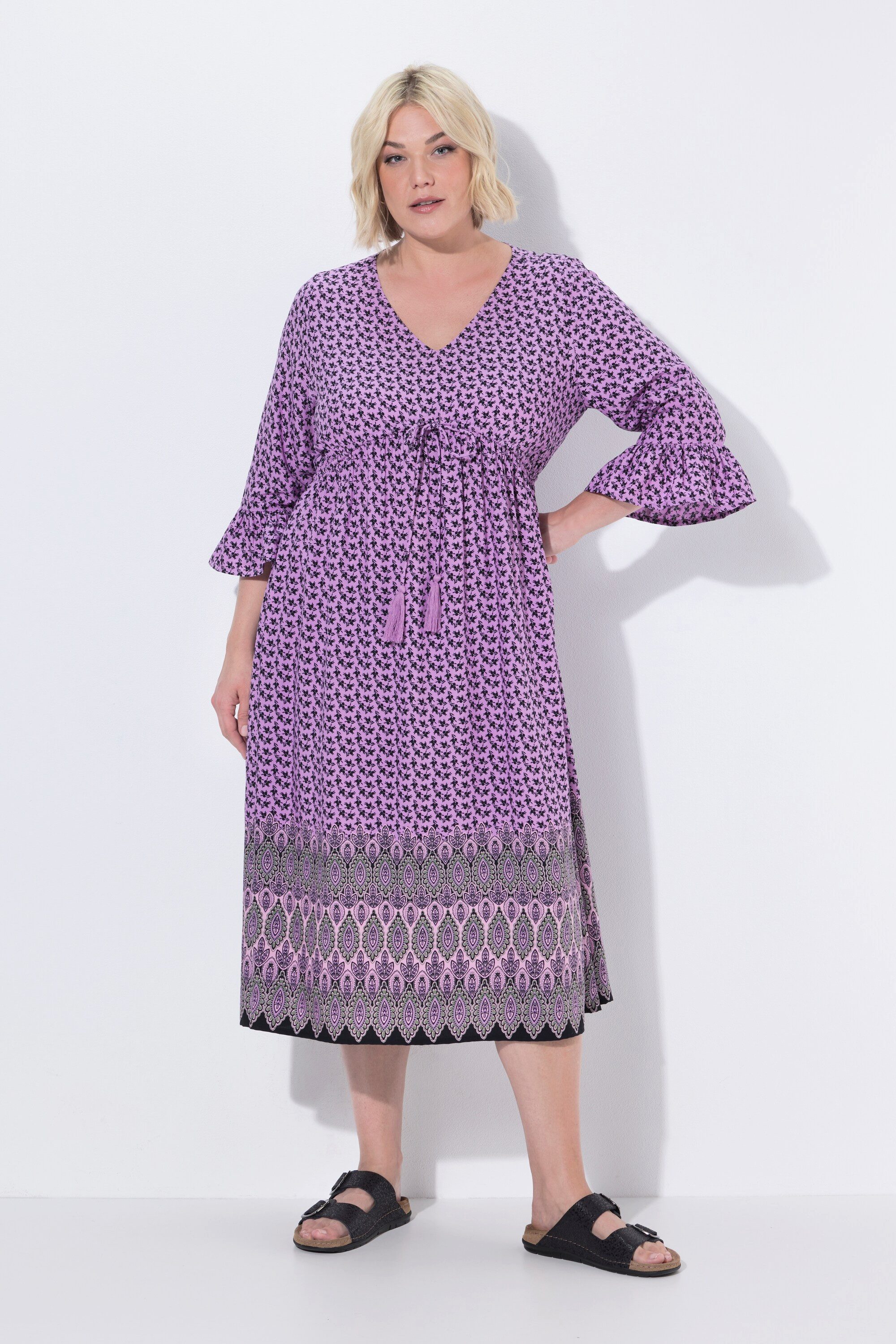 Ulla Popken Maxikleid Midikleid Tunnelzug A-Linie V-Ausschnitt 3/4-Arm