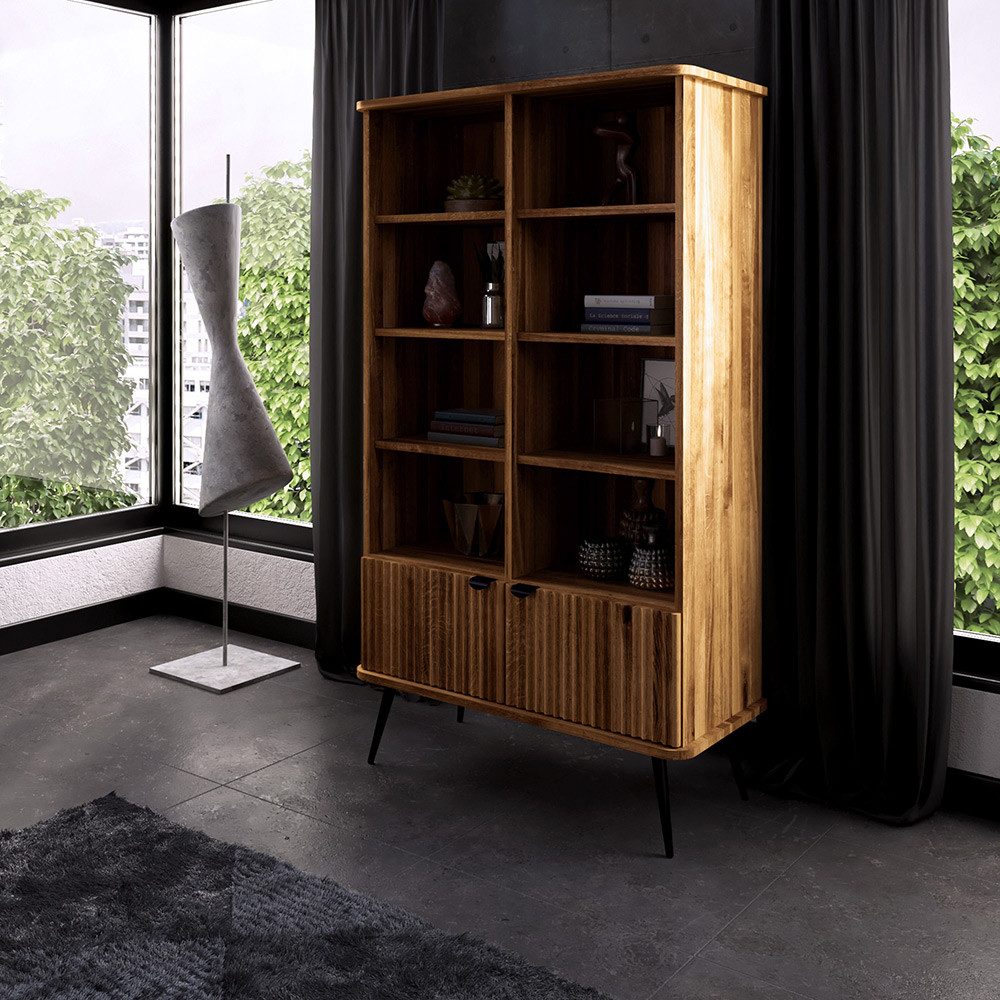 Lomadox Bücherregal KABALA-165, in Eiche massiv geölt, offen, gerillte Türfront