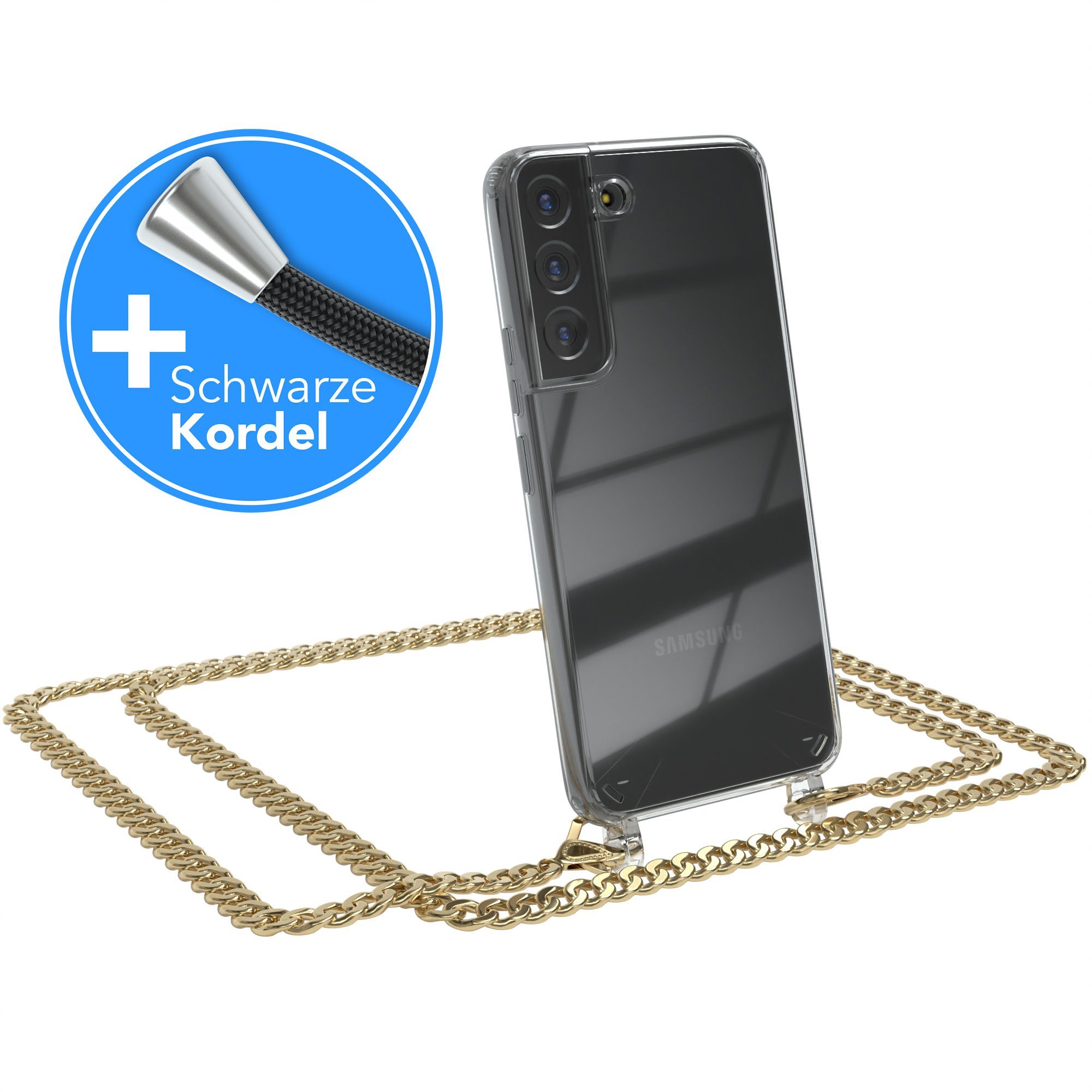 EAZY CASE Handykette 2in1 Metallkette für Samsung Galaxy S22 5G 6,1 Zoll, Hülle mit Band Silikonhülle durchsichtig Necklace Cover Slimcover Gold