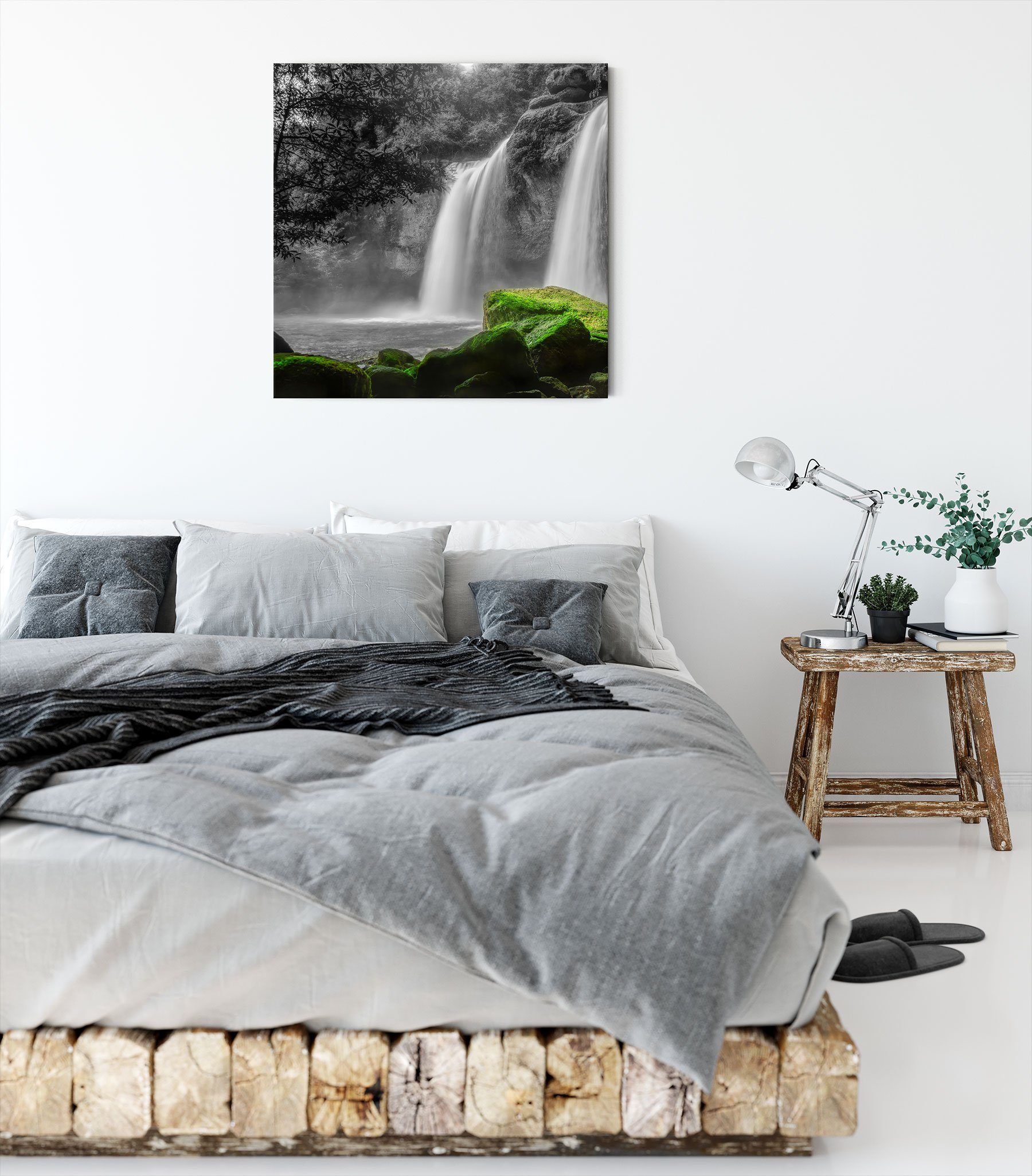 Pixxprint Leinwandbild Wasserfall im fertig St), im inkl. Dschungel Wasserfall Zackenaufhänger Dschungel, Leinwandbild bespannt, (1