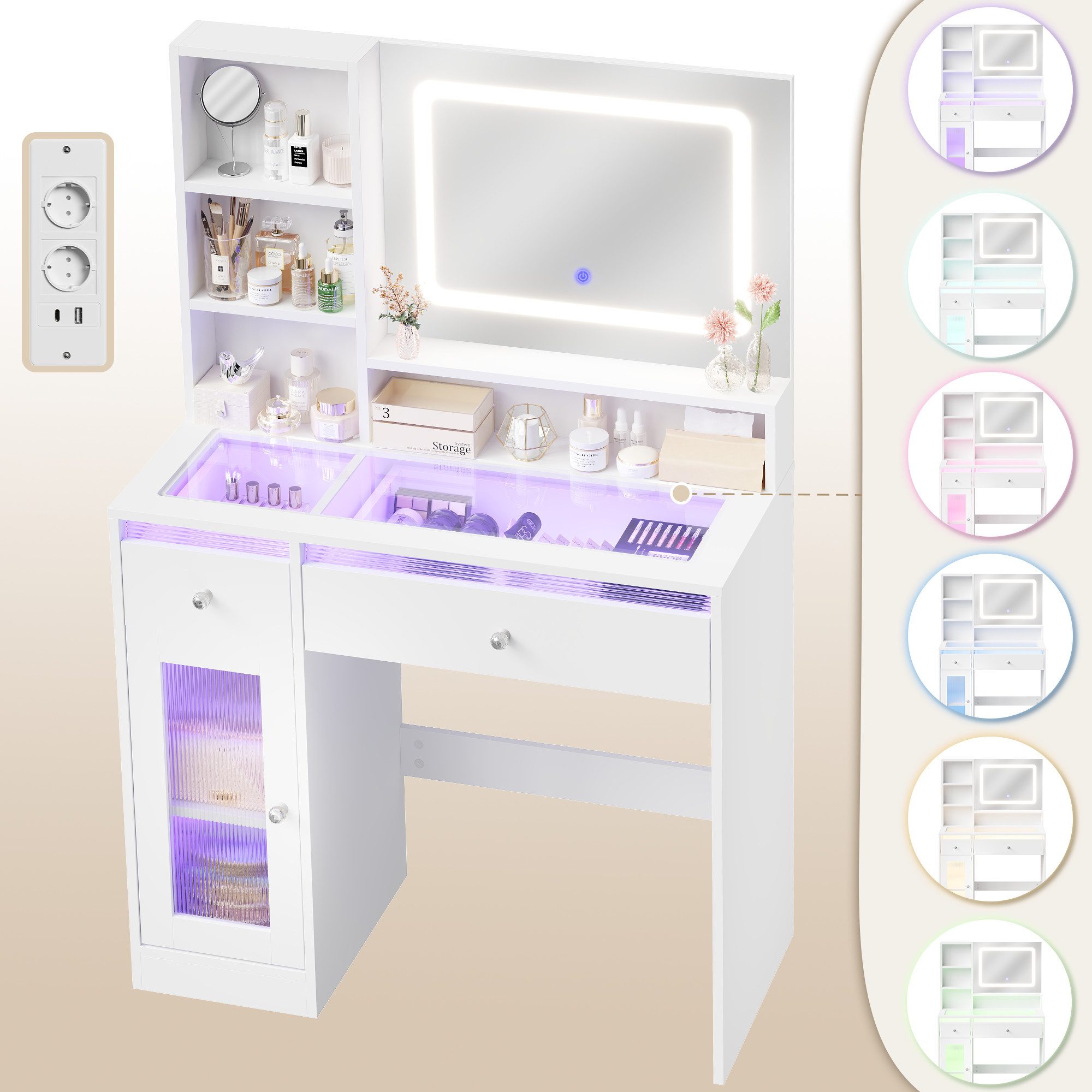 HOMALL Schminktisch Frisiertisch mit Spiegel und RGB-LED-Lichtleiste (Maße: 88 x 40 x 135 cm, 4 offene Ablagefächer, 2 Schubladen, 1 Schrank, 2 Steckdosenleisten, 1 USB-Anschluss, 1 Typ-C-Anschluss; LED-Beleuchtung mit drei einstellbaren Farbtönen, Schminktischstuhl, kleiner Schminktisch, optional mit Hocker-Set erhältlich)