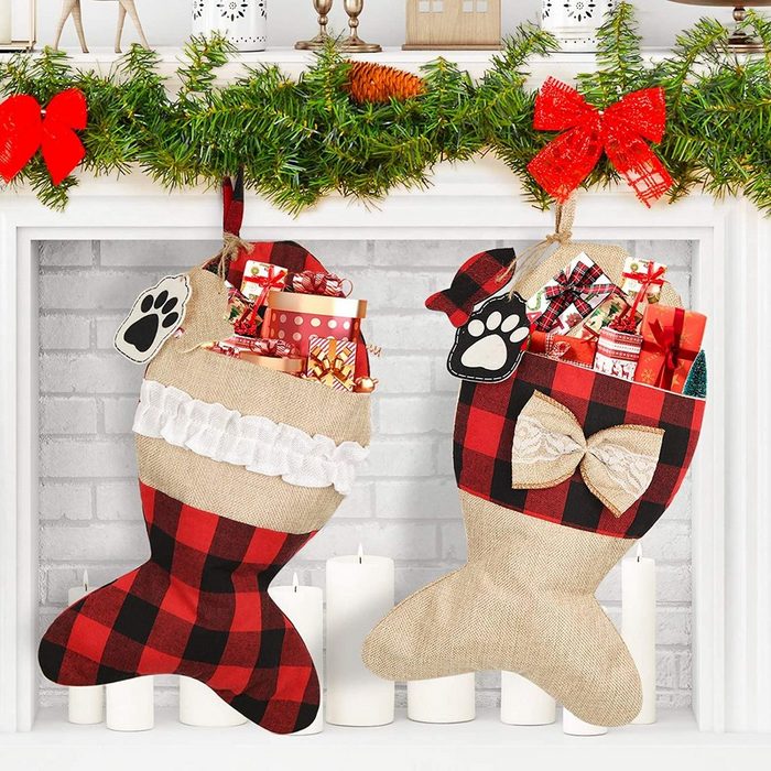 Mmgoqqt Socken Pet Cat Christmas Stockings Shaped Burlap Plaid Christmas