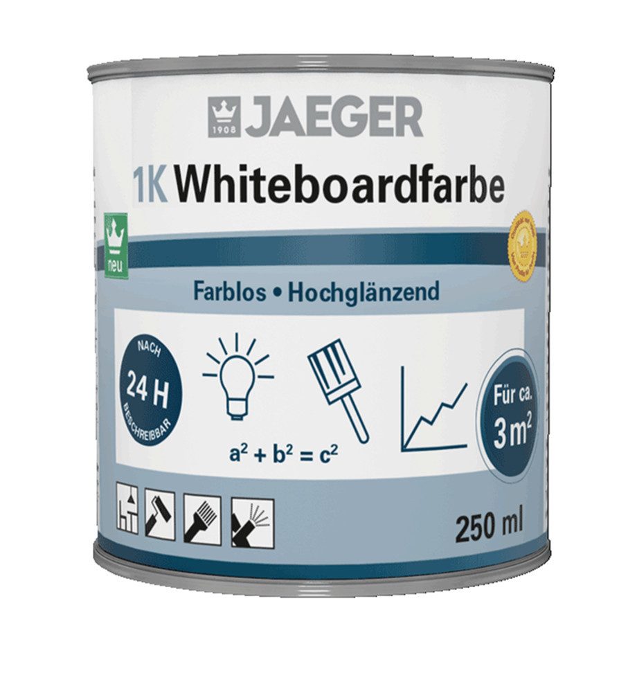 Jaegerlacke Lack 1K-Whiteboardfarbe 396 farblos glänzend 250 ml, schafft beschreibbare Flächen (bis 3 qm) mit nur einem Anstrich
