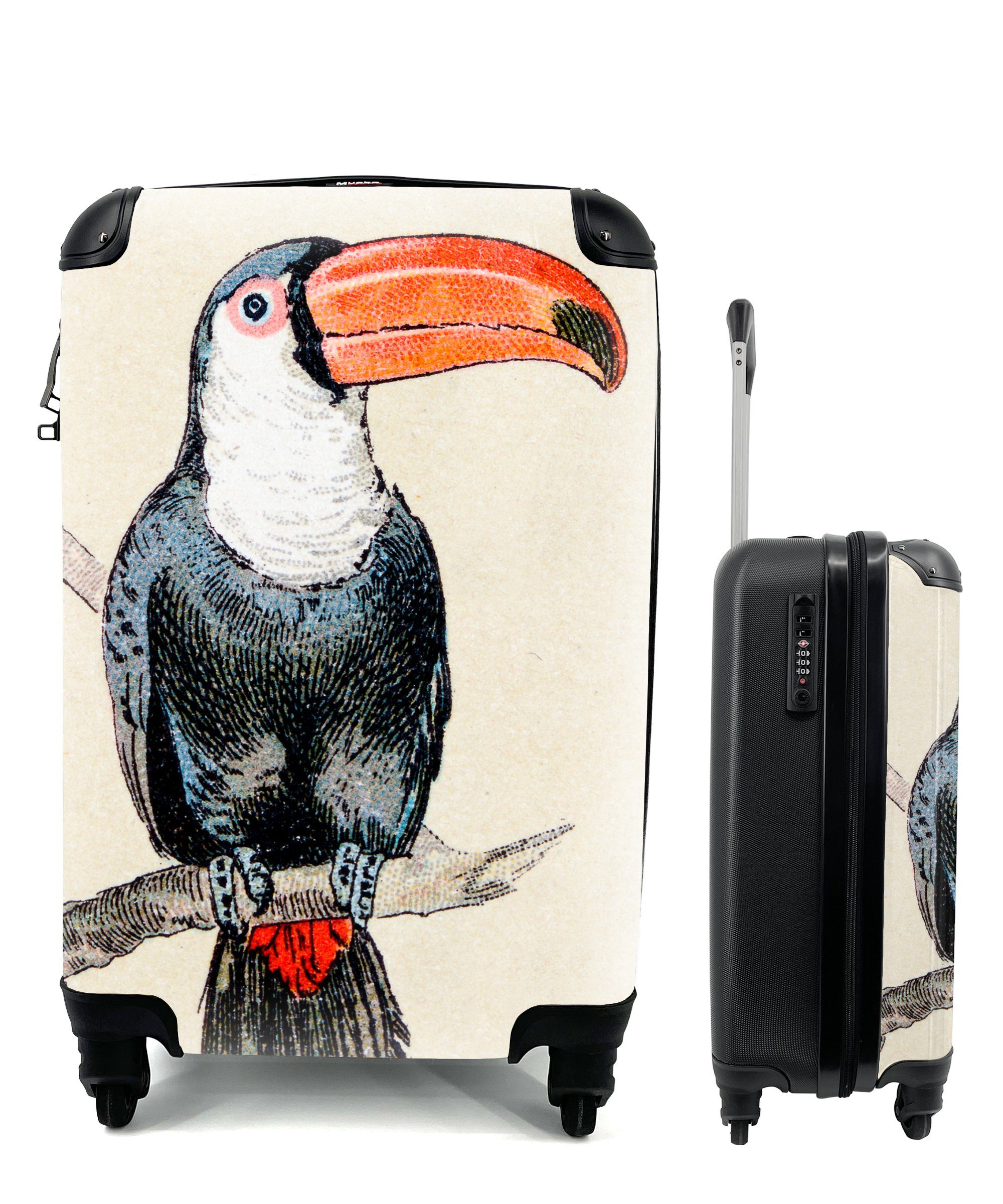 MuchoWow Handgepäckkoffer Eine bunte Illustration eines Tukans, 4 Rollen, Reisetasche mit rollen, Handgepäck für Ferien, Trolley, Reisekoffer
