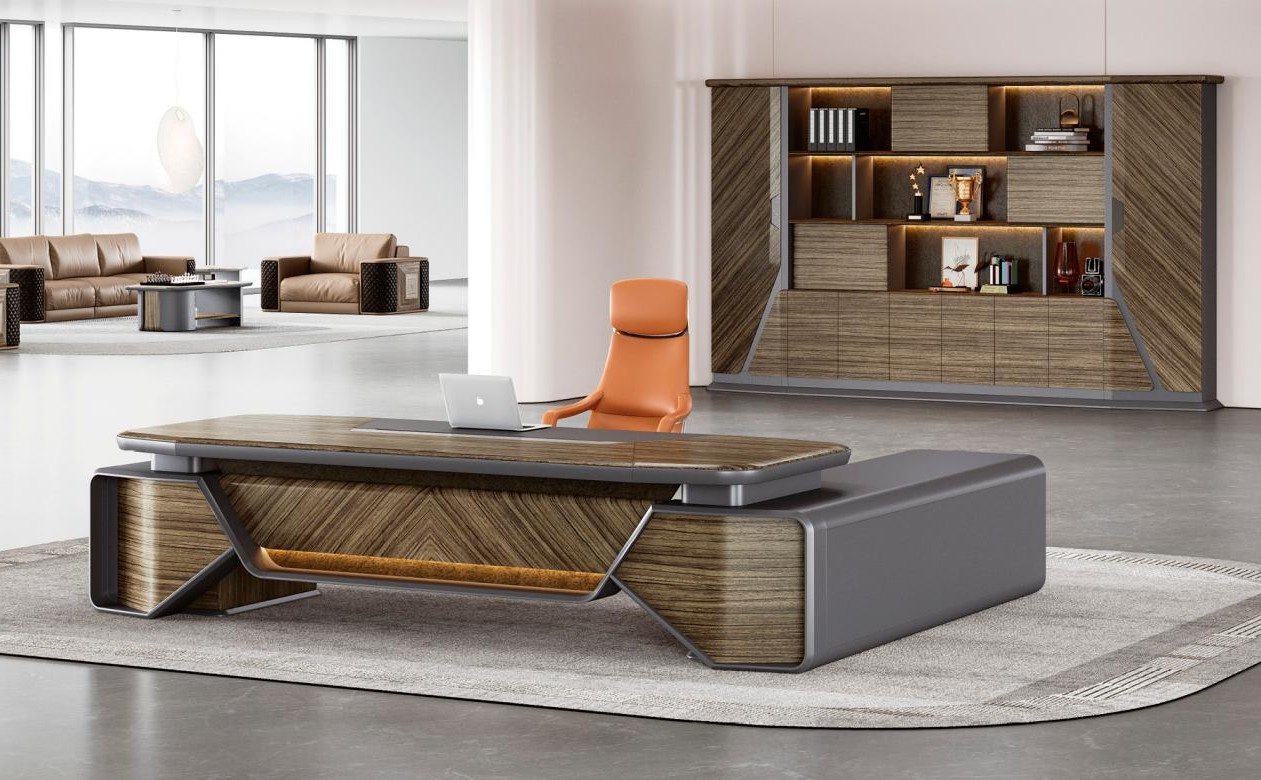 Büromöbel-Set Designer Schreibtisch in Braun-Grau mit robustem Aktenschrank