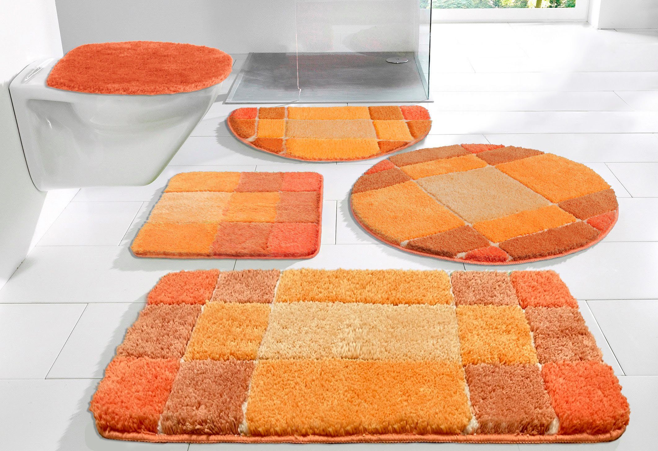 my home Badematte Pia, Höhe 20 mm, rutschhemmend beschichtet, fußbodenheizungsgeeignet, schnell trocknend, strapazierfähig, Polyester, rechteckig, Badteppich, karierte Badematten, rechteckig, rund & als 3-tlg. Set