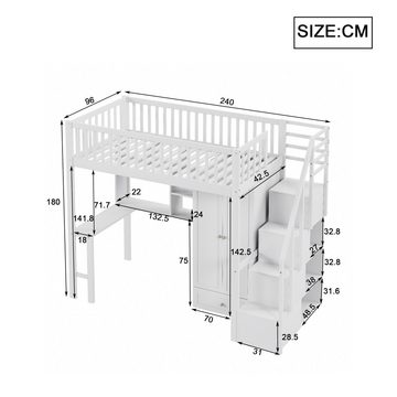 Ulife Hochbett Kinderbett mit großem Kleiderschrank Regal und Tisch,90 x 200cm Stauraum Treppe Mehrzweckbetteinheit Holzbettgestell