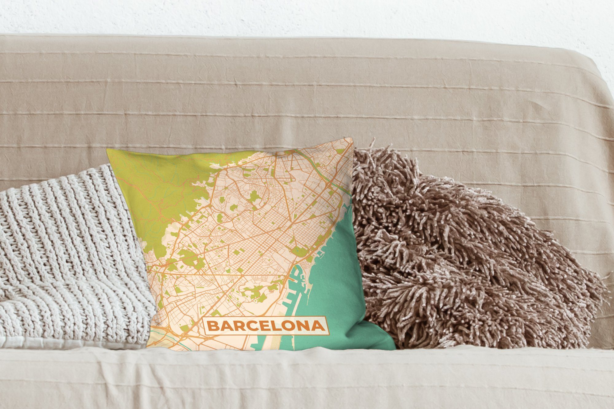 MuchoWow Dekokissen Karte mit für - Wohzimmer, Füllung Zierkissen Sofakissen - Barcelona Deko, - Schlafzimmer, Stadtplan Vintage