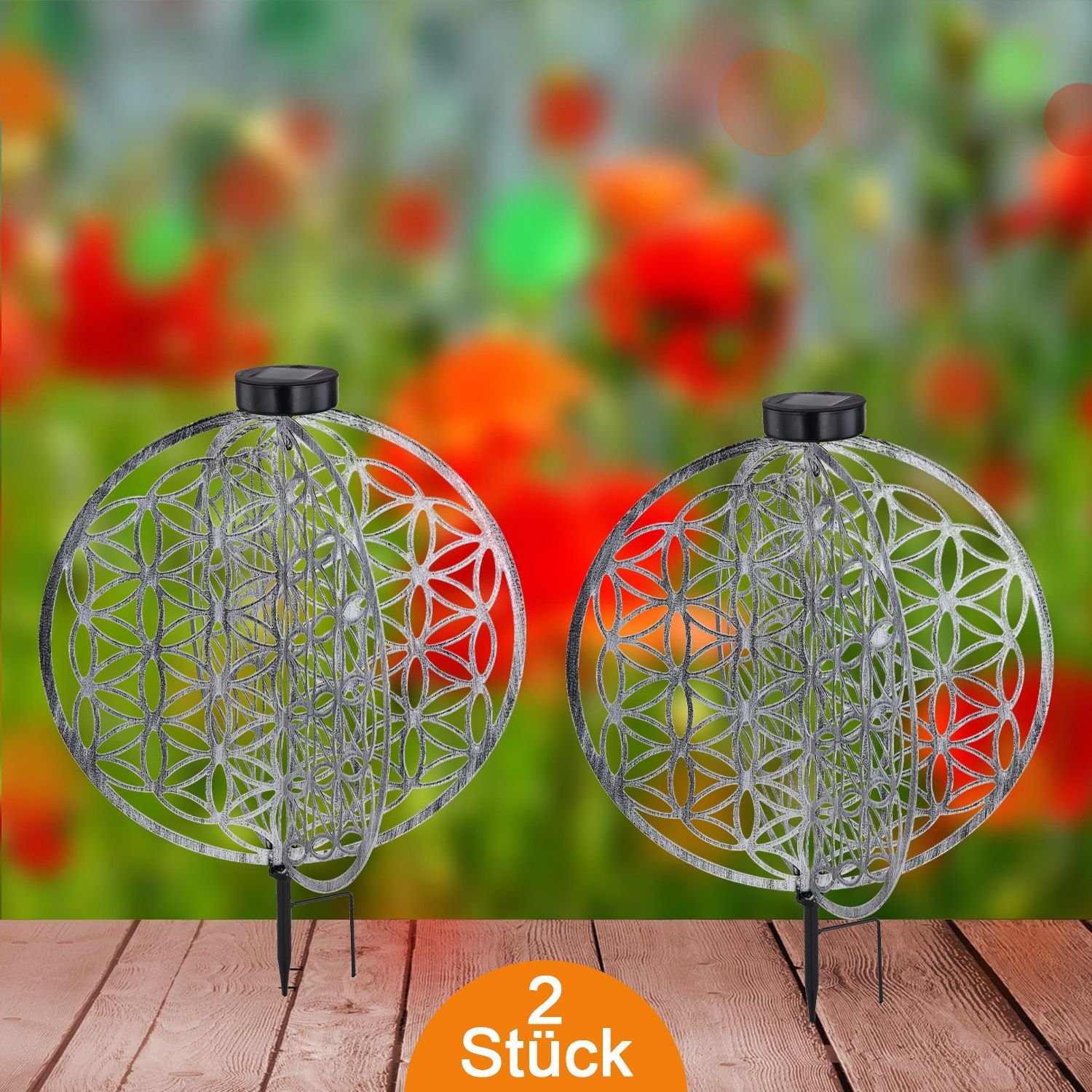 bmf-versand LED Solarleuchte Solarleuchte Garten 2er Set Scheibe Rund Solarlampe Außen, mit Schalter, Dekolampe, Gartenleuchte, LED fest integriert, warmweiß, Dekoleuchte