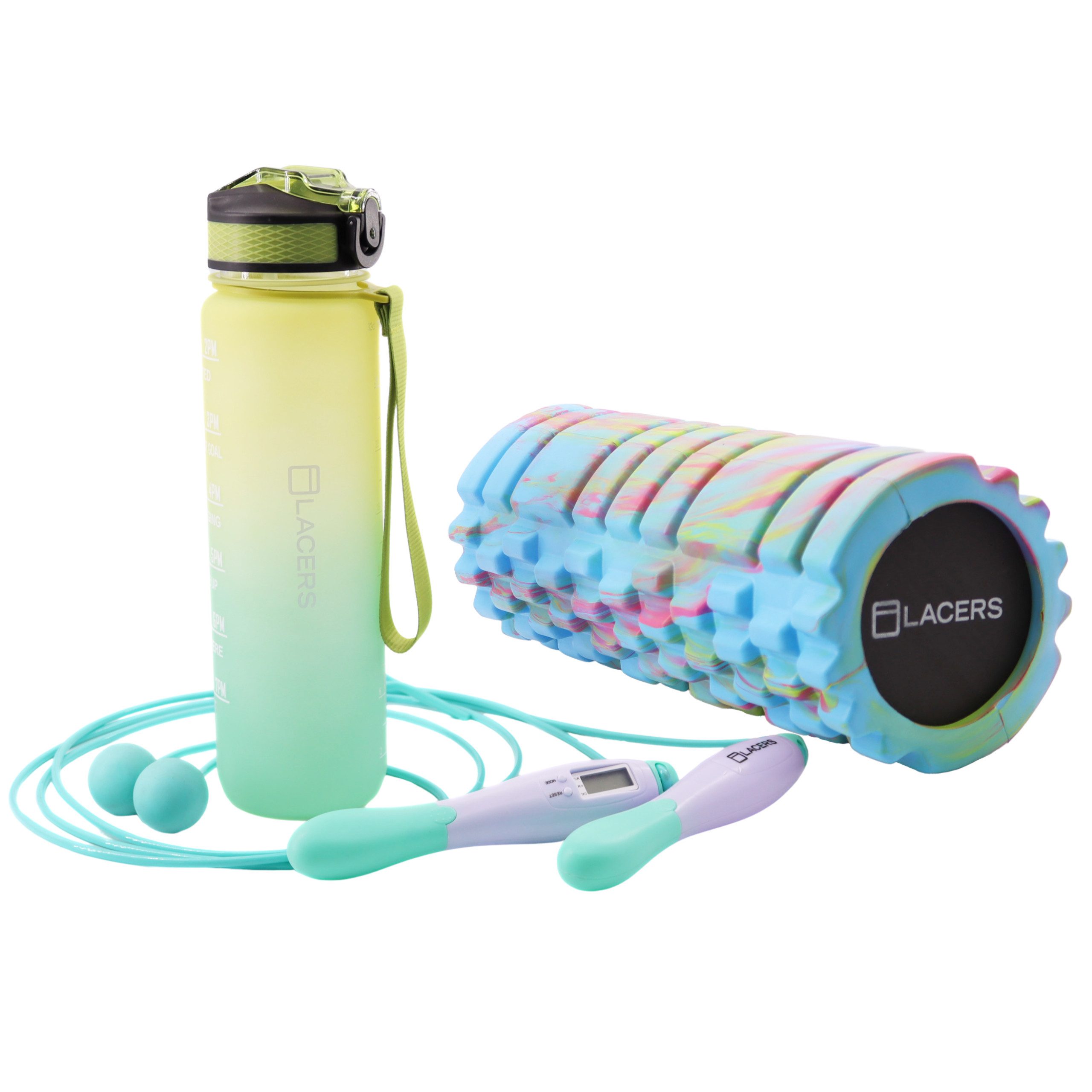 Lacers Springseil Petrolline 3er Fitness-Set aus Faszienrolle, Trinkflasche & Springseil, Massageeffekt, verstellbares Springseil, mit Strohhalm, Zeitmarkierung