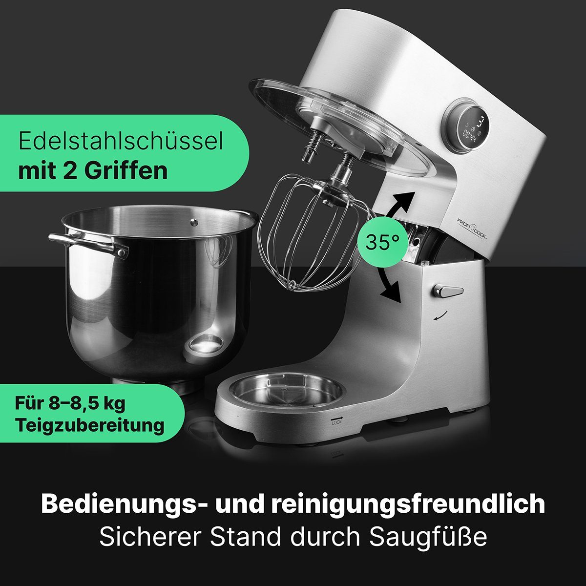 ProfiCook Küchenmaschine PC-KM 1254, XXL 12L Schüssel, Knetmaschine mit 2500W Motor