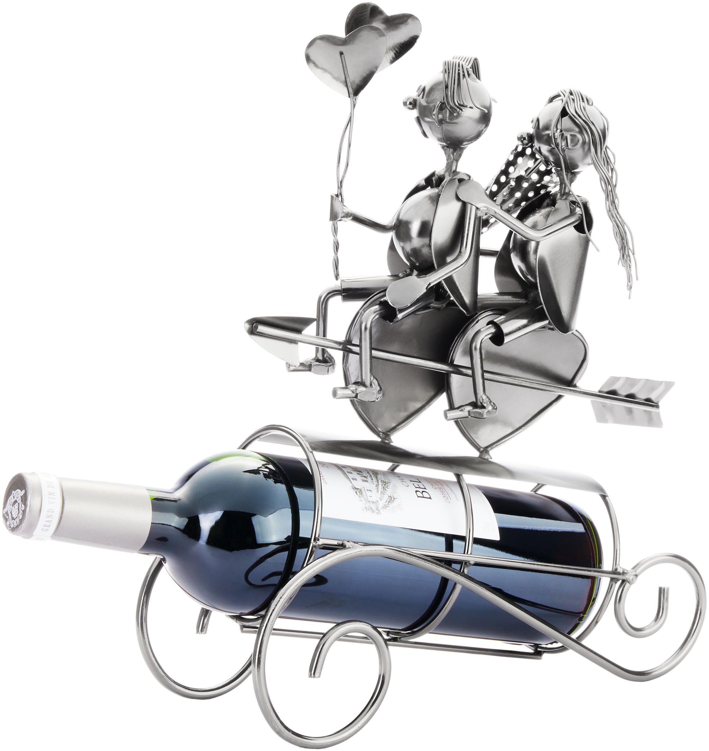 BRUBAKER Weinflaschenhalter Liebespaar auf Herz Pfeil - Metall Flaschenhalter Paar mit Ballons, (Wein Geschenk zum Valentinstag, 1-St), 34 cm Dekoration Flaschenständer mit Grußkarte