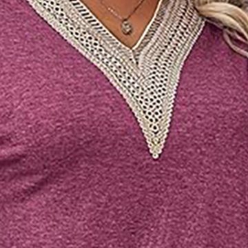 AFAZ New Trading UG Langarmshirt Damen Langarmshirts Spitzen V-Ausschnitt Fledermausärmel Shirt Einfarbig Oberteile dünner Pullover mit Spitzenbesatz