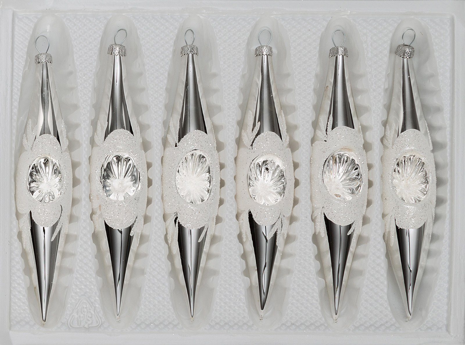 Christbaumschmuck 6 tlg. Glas-Zapfen Set in Hochglanz Vintage Silver