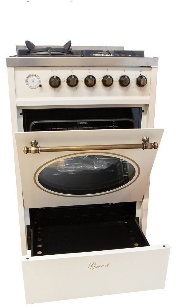 GURARI Gas-Standherd 60 cm Retro Gasherd mit Elektrobackofen 60 L, Creme, Erdgas\Fl.Gas E 614 Cr r., mit 1-fach-Teleskopauszug, Easy-Clean Emaille, Gas Kochfeld mit WOK Brenner, Multi 8 Backofen, Heißluftsystem