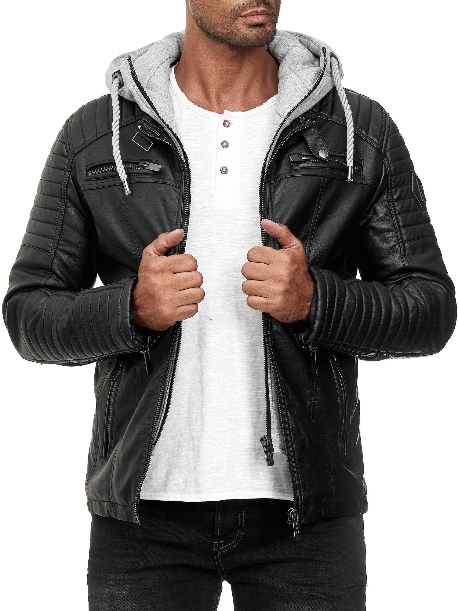 RedBridge Lederimitatjacke in Lederoptik mit Kapuzen-Einsatz und Stepp-Details Robust, strapazierfähig, langlebig
