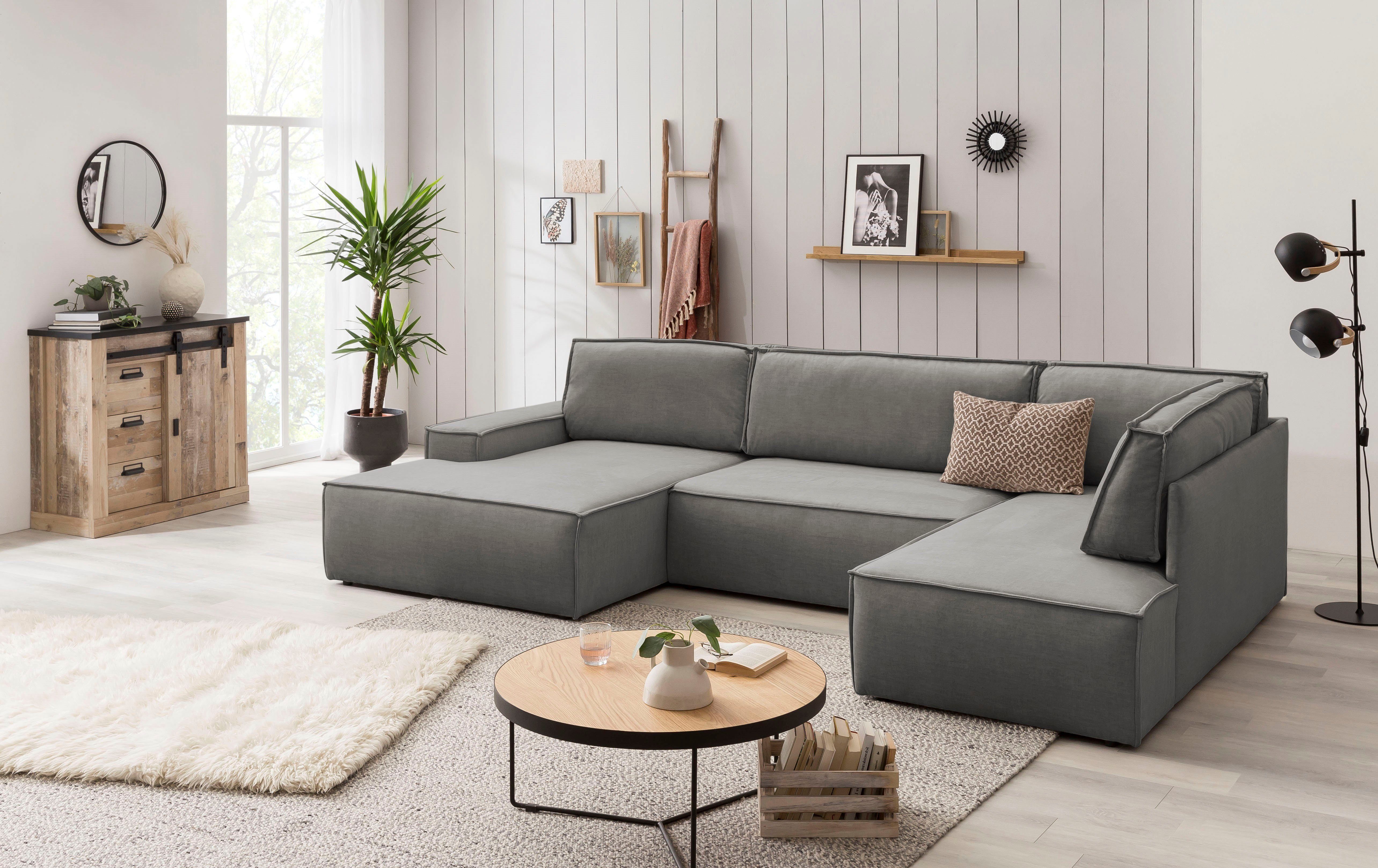 OTTO home Wohnlandschaft SHERWOOD U-Form, 329 cm - OTTO. Verlässliche Qualität., Schlaffunktion m. Bettkasten (194x139 cm), Cord, Vintage, Samtvelours