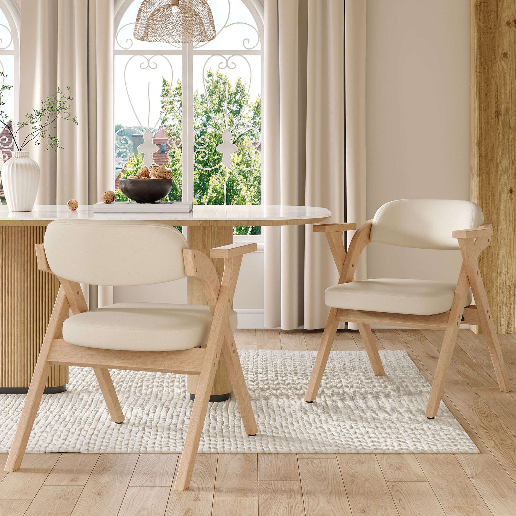 Flieks Esszimmerstuhl klappbare Polsterstühle (Gestell aus Massivholz, Set, 2 St), 2er Set Faltstühle Armlehnstuhl Wohnzimmerstuhl Leinen Beige
