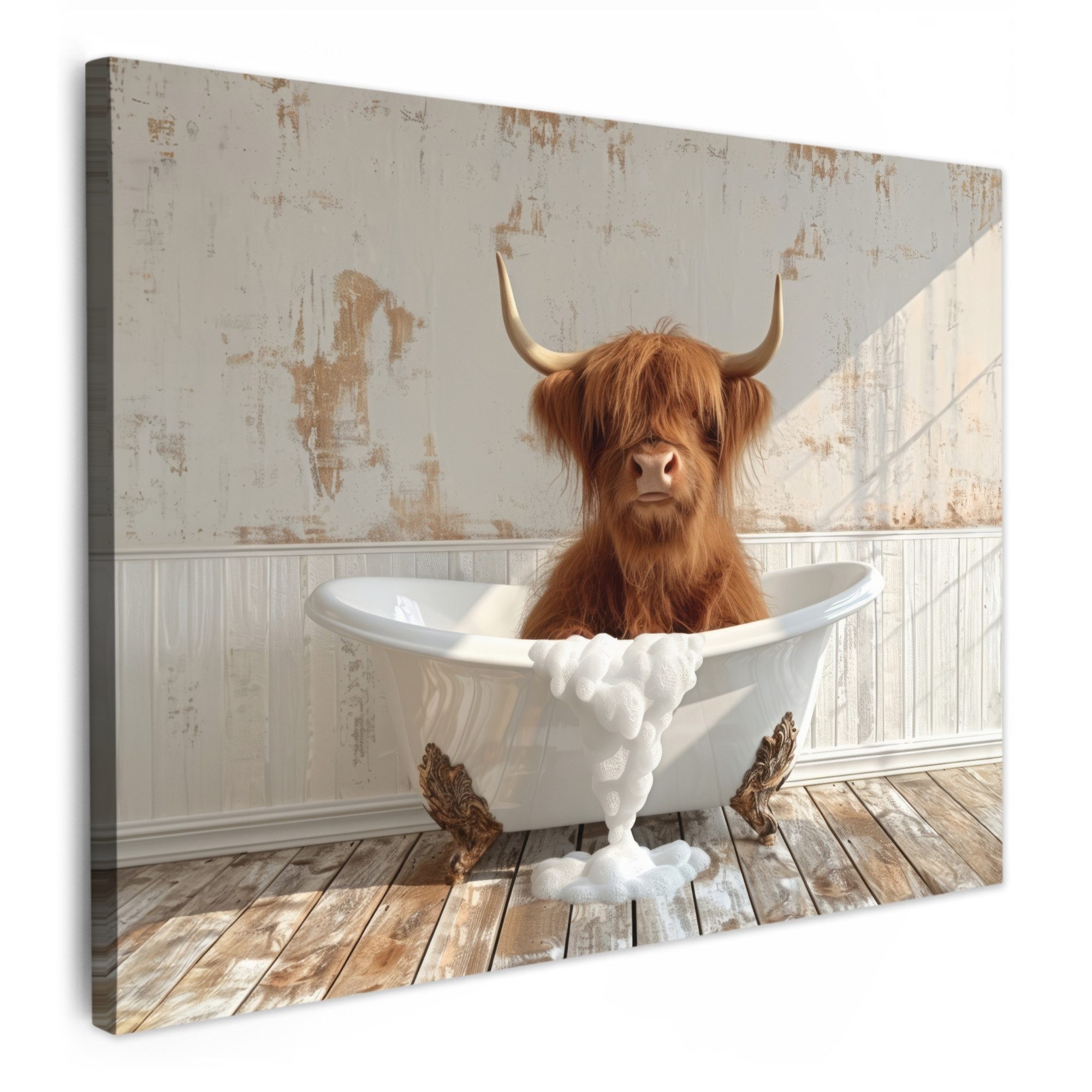 OneMillionCanvasses® Leinwandbild Schottischer Highlander - Badewanne - Vintage - Kuh, Fotodruck (1 St), Badezimmer Deko, Klo Bilder, WC und Badezimmerdeko 40x30 cm