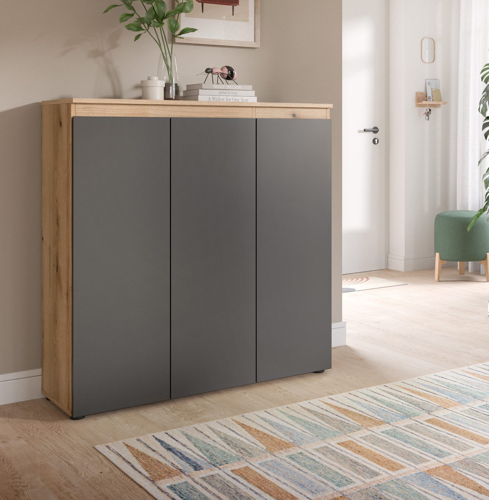 Inn.Furn Kombikommode Assino (Hohe Kommode in Eiche und Grau, 3-türig, 105 x 111 cm), variabel einrichtbar, bis zu 10 Fächer – Bild 2 von 5