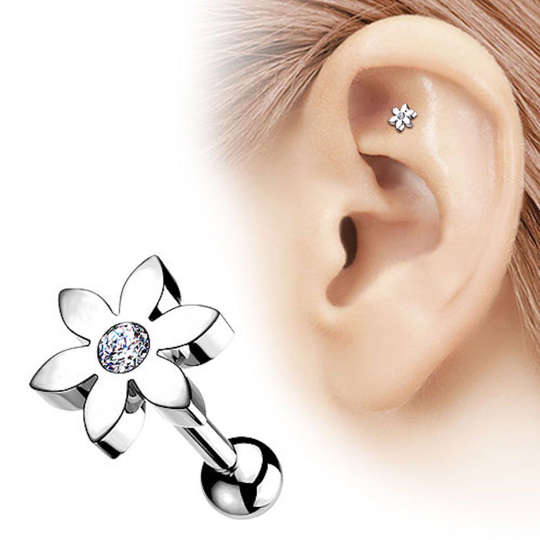 Taffstyle Piercing-Set Mianova Tragus Piercing Stecker Blume mit Kristall, Glitzer Strass Steinen Cartilage Helix Ohrpiercing Stab Kugel Knorpel Silber