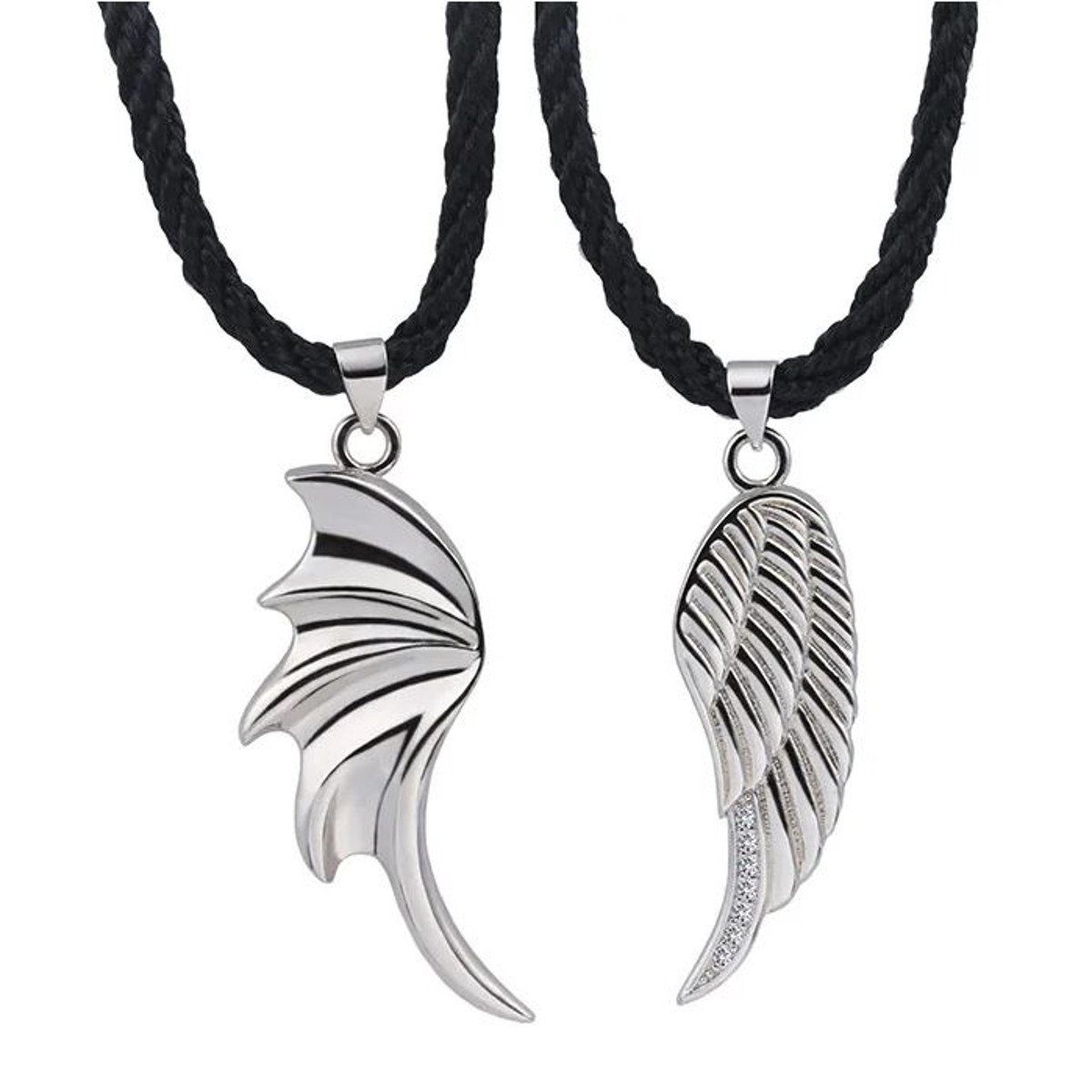 KARMA Freundschaftskette Partnerketten Flügel Edelstahl (Liebesschmuck Pärchenkette, 4-tlg., Schmuck Liebe Halskette), Freundschaft Liebe Engel Teufel silber schwarz