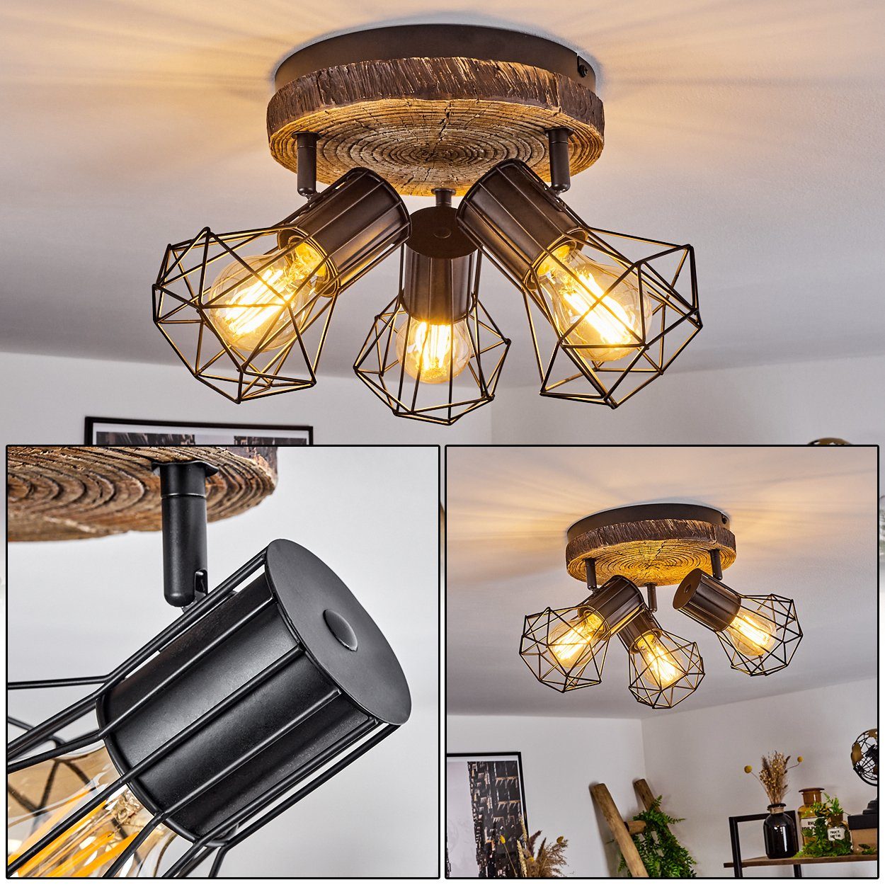 hofstein Deckenleuchte »Pomari« Deckenlampe aus in Schwarz/Holzoptik, Design, Leuchtmittel, Spot im Schirmen 3xE27 Vintage Metall verstellbaren Gitter-Optik, ohne in