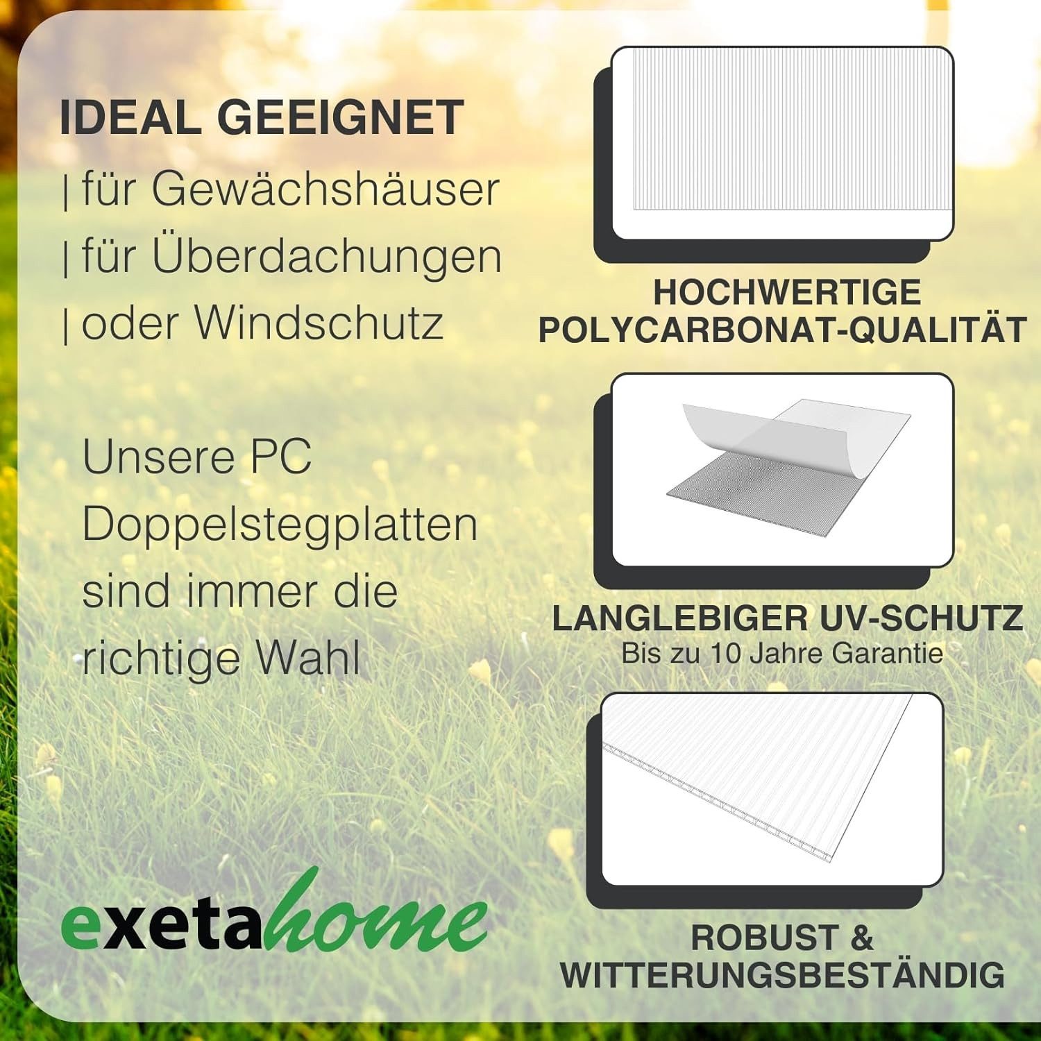 exeta Hohlkammerplatte Gewächshausplatten 6mm 10 Stück I 60,5 x 121 cm Polycarbonatplatten, 7,32 m², (Spar-Set, 10x 6mm) – Bild 4 von 5