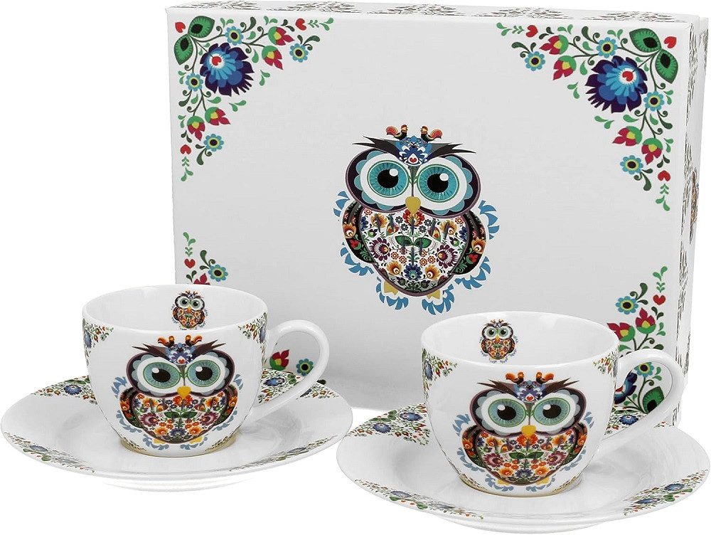 Duo-Gift Espressotasse Set mit Untertassen, Sommer, Frühling, Herbst, Winter, Tasse Motiv, 4-tlg., Porzellan Eule, 2 Espressotassen ca. 90 ml mit Untertassen, SUNFLOWERS, Pflanzen Kollektion, DUO ETNO - OWL 2er-Set Espressotassen 90 ml mit Untertassen aus New Bone China Porzellan, Duo Geschenke, Mug, Kollektion, Ideal als Geschenk