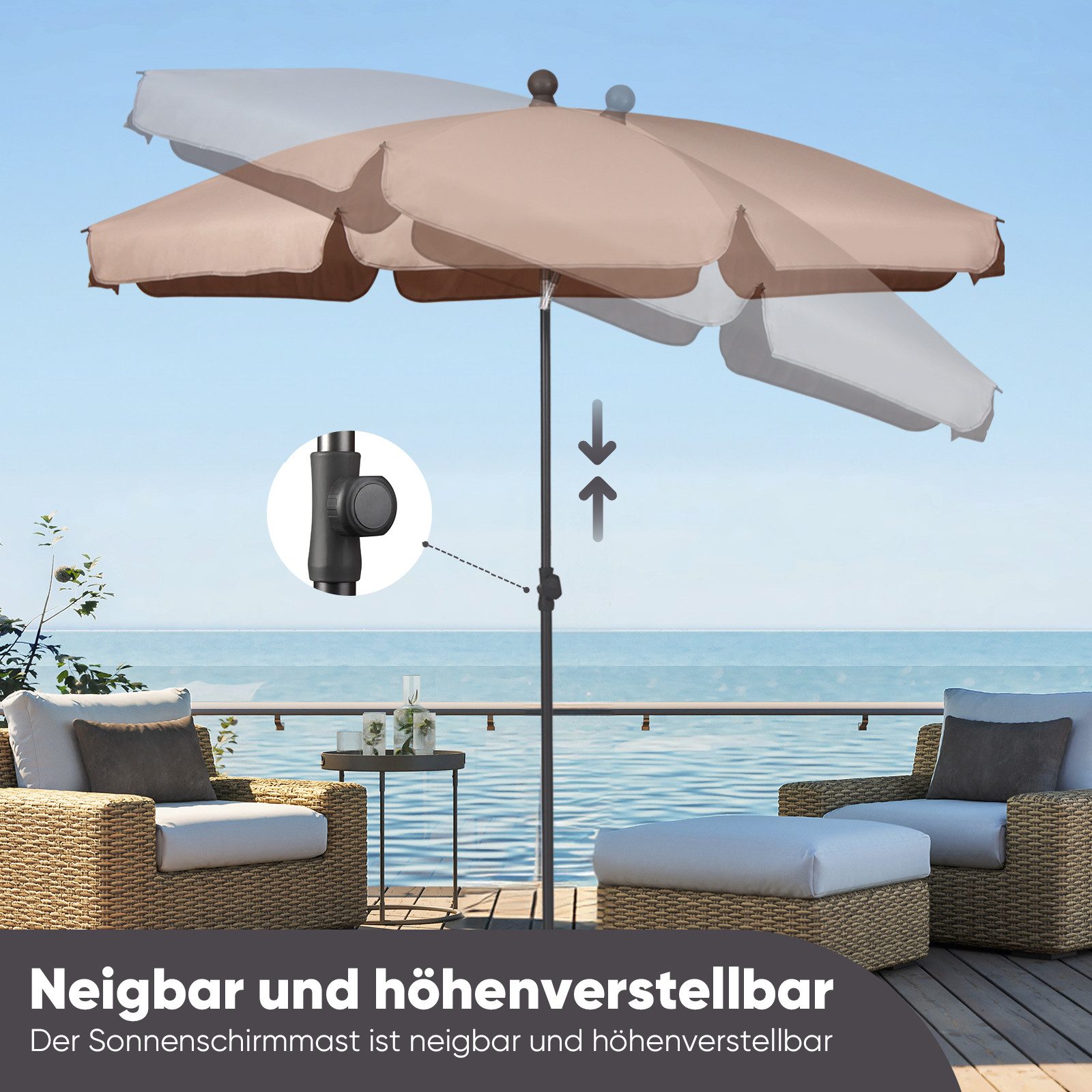 Sekey Balkonschirm 200cm Sonnenschirm Rund Gartenschirm Terrassenschirm mit UV-Schutz 50+, Balkonschirm höhenverstellbar, Stabiler Sonnenschirm knickbar