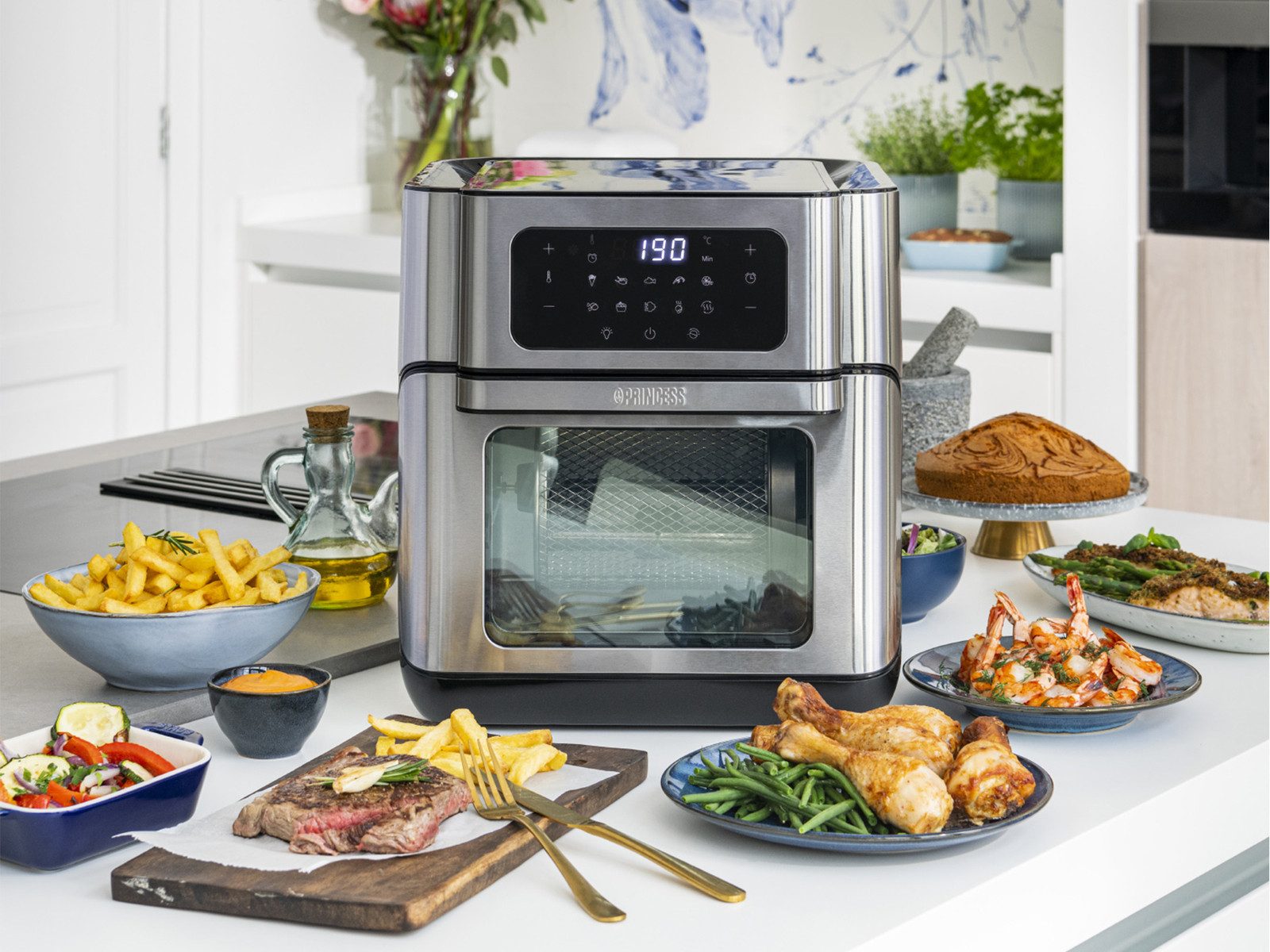 PRINCESS Heißluftfritteuse, 1500 W, Mini Backofen mit Umluft 10 Liter Rotierkorb, Fritteuse ohne Öl, 1500W