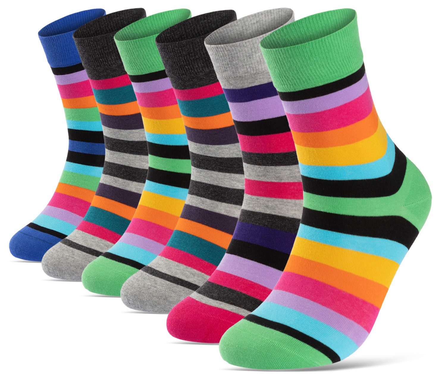 sockenkauf24 Basicsocken Damen Socken Bunt Ringelsocken Gestreift Baumwolle mit Komfortbund (6-Paar, 35-38) ohne Naht - 11979