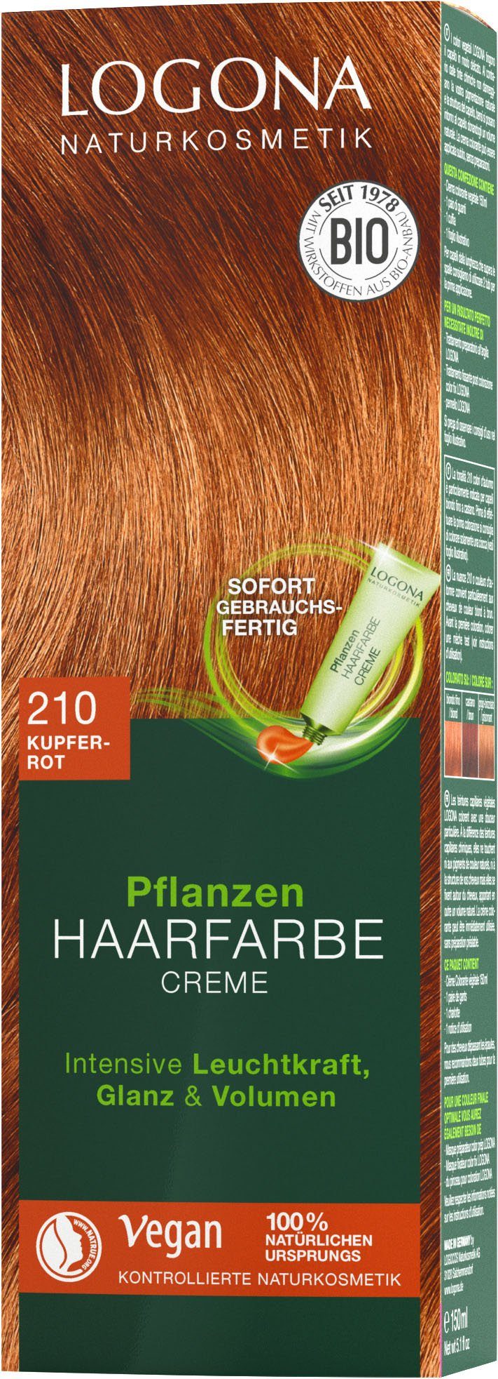 kupferrot Pflanzen-Haarfarbe LOGONA Creme Haarfarbe 210 Logona