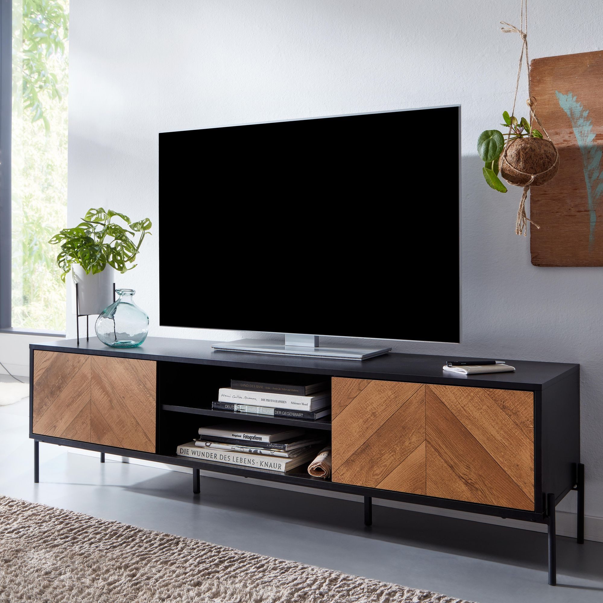 FINEBUY Lowboard FB77738 TV-Board Kommode 160cm MDF Eiche Schwarz Dekor Design (Holz Schwarz / Eiche-Dekor 163x45x40 cm zwei Türen), TV-Kommode Hoch, TV-Schrank Modern, Fernsehtisch