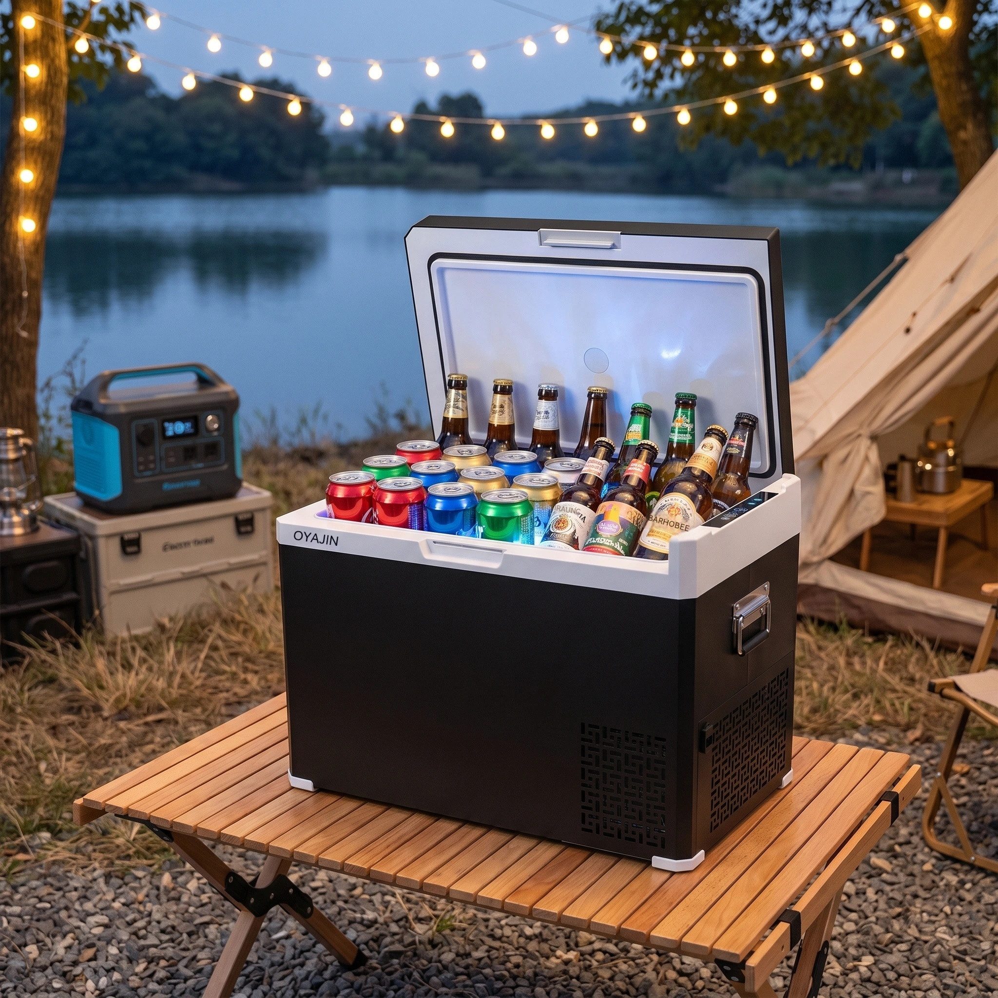 oyajia Elektrische Kühlbox Kompressor Gefriertruhe mobiler Kühlschrank, Kühltruhe, Gefrierbox, 50 l, Dual-Zone (20°C bis +20°C), 12V/24V/230V, APP Steuerung, Trennwand
